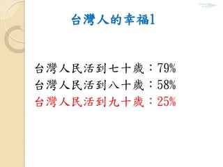 台灣人的幸福1
台灣人民活到七十歲：79%
台灣人民活到八十歲：58%
台灣人民活到九十歲：25%
 