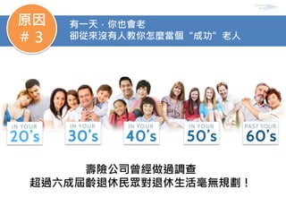 有一天，你也會老
卻從來沒有人教你怎麼當個“成功”老人
原因
＃３
壽險公司曾經做過調查
超過六成屆齡退休民眾對退休生活毫無規劃！
 