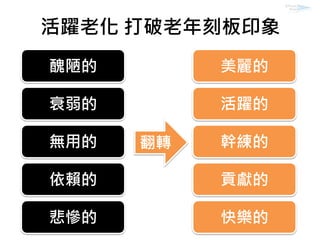 活躍老化 打破老年刻板印象
醜陋的
衰弱的
無用的
依賴的
悲慘的
美麗的
活躍的
幹練的
貢獻的
快樂的
翻轉
 