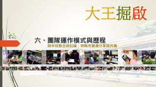 六、團隊運作模式與歷程
跨年段整合與討論；跨縣市資源分享與共備
 