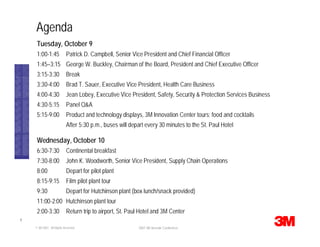 Agenda
     Tuesday, October 9
     1:00-1:45             Patrick D. Campbell, Senior Vice President and Chief Financial Officer
     1:45–3:15 George W. Buckley, Chairman of the Board, President and Chief Executive Officer
     3:15-3:30             Break
     3:30-4:00             Brad T. Sauer, Executive Vice President, Health Care Business
     4:00-4:30             Jean Lobey, Executive Vice President, Safety, Security & Protection Services Business
     4:30-5:15             Panel Q&A
     5:15-9:00             Product and technology displays, 3M Innovation Center tours; food and cocktails
                           After 5:30 p.m., buses will depart every 30 minutes to the St. Paul Hotel

     Wednesday, October 10
     6:30-7:30             Continental breakfast
     7:30-8:00             John K. Woodworth, Senior Vice President, Supply Chain Operations
     8:00                  Depart for pilot plant
     8:15-9:15             Film pilot plant tour
     9:30                  Depart for Hutchinson plant (box lunch/snack provided)
     11:00-2:00 Hutchinson plant tour
     2:00-3:30             Return trip to airport, St. Paul Hotel and 3M Center
1
                                                          2007 3M Investor Conference
    © 3M 2007. All Rights Reserved.
 