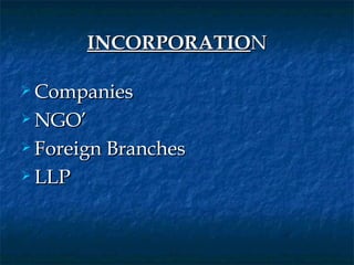 INCORPORATION

 Companies

 NGO’

 Foreign   Branches 
 LLP 
 