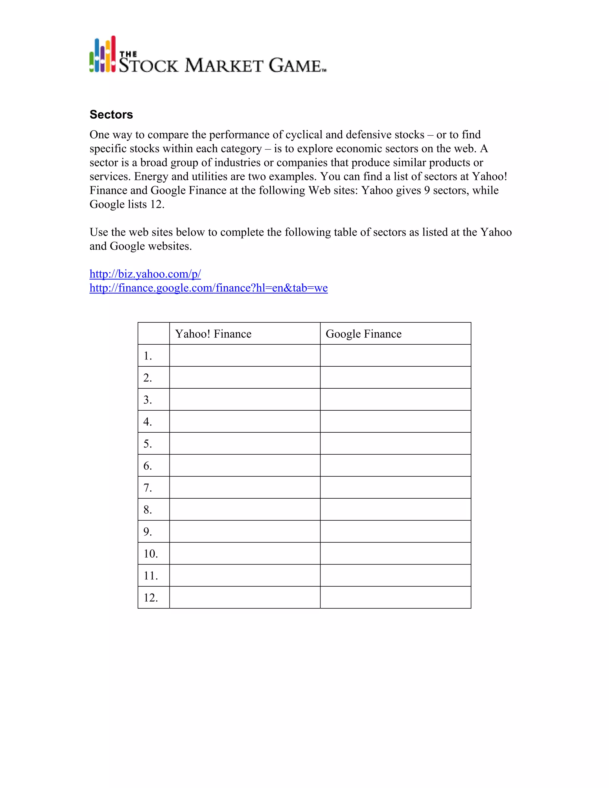 Sectors
One way to compare the performance of cyclical and defensive stocks – or to find
specific stocks within each category – is to explore economic sectors on the web. A
sector is a broad group of industries or companies that produce similar products or
services. Energy and utilities are two examples. You can find a list of sectors at Yahoo!
Finance and Google Finance at the following Web sites: Yahoo gives 9 sectors, while
Google lists 12.

Use the web sites below to complete the following table of sectors as listed at the Yahoo
and Google websites.

http://biz.yahoo.com/p/
http://finance.google.com/finance?hl=en&tab=we


                  Yahoo! Finance                  Google Finance
           1.
           2.
           3.
           4.
           5.
           6.
           7.
           8.
           9.
           10.
           11.
           12.
 