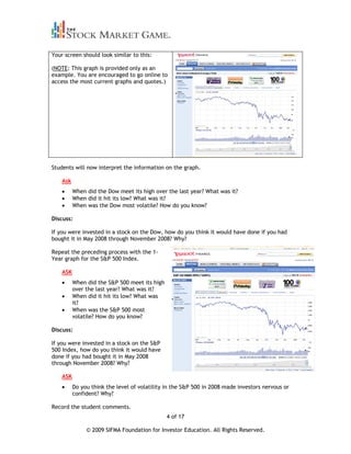 Your screen should look similar to this:

(NOTE: This graph is provided only as an
example. You are encouraged to go online to
access the most current graphs and quotes.)




Students will now interpret the information on the graph.

    Ask
          When did the Dow meet its high over the last year? What was it?
          When did it hit its low? What was it?
          When was the Dow most volatile? How do you know?

Discuss:

If you were invested in a stock on the Dow, how do you think it would have done if you had
bought it in May 2008 through November 2008? Why?

Repeat the preceding process with the 1-
Year graph for the S&P 500 Index.

    ASK
          When did the S&P 500 meet its high
          over the last year? What was it?
          When did it hit its low? What was
          it?
          When was the S&P 500 most
          volatile? How do you know?

Discuss:

If you were invested in a stock on the S&P
500 Index, how do you think it would have
done if you had bought it in May 2008
through November 2008? Why?

    ASK
          Do you think the level of volatility in the S&P 500 in 2008 made investors nervous or
          confident? Why?

Record the student comments.
                                               4 of 17

               © 2009 SIFMA Foundation for Investor Education. All Rights Reserved.
 