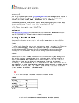 Assessment
Look up the following five stocks at http://finance.yahoo.com. Use the data provided and the 1-
Year graph on their quote page to look at the performance of each over the last year.
Complete the table in Activity Sheet 1. Answers will vary for this activity.

Based on the information above and your analysis of the one-year performance charts, what
can you conclude about the performance of the companies listed? Why?

Which of these stocks appears to be volatile? Why?

Application
Visit http://finance.yahoo.com and look up the one-year performance chart for the stocks in
your portfolio. Determine if they have been volatile for the past year.

Activity 2: Volatility & Beta
Students will analyze the usefulness of the beta number as a predictor of stock volatility.

Discuss:

If you had magic glasses that told you how volatile a stock is and it was right a lot of the time,
would you use them? (NOTE: Avoid using “crystal ball.” Analogies to fortune telling are
considered inappropriate in professional securities industry conversation because they
downplay the hard research and analysis involved in long term investment planning.)

Explain:

Some analysts use a beta number to determine how volatile a stock may be. The higher the
beta number, the more sharply the value of the investment can be expected to change in
relation to the S&P 500. If the S&P moves 2% in either direction, a stock with a beta of "1"
would move 2% in the same direction. In a volatile market the S&P500 can fluctuate
dramatically, a stock with a beta of "1" would also be fluctuating at the same pace as the S&P
500. In addition, the higher the beta number the greater the fluctuation of the stock in relation
to the S&P500. In contrast, if the Beta number is less then "1" the stock is less volatile then
the S&P 500 and it is considered a more stable stock.


    ASK
          Is the beta a reliable indicator of volatility in a volatile Market?

Display:

Company                    Beta
General Electric           1.11
Wal-Mart                   .32
Consolidated Edison        .20
Walt Disney                .97
Target                     1.08



                                                 5 of 17

               © 2009 SIFMA Foundation for Investor Education. All Rights Reserved.
 