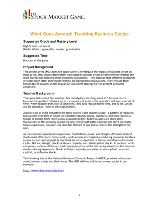 What Goes Around: Teaching Business Cycles
Suggested Grade and Mastery Level
High School – all levels
Middle School – apprentice, master, grandmaster

Suggested Time
Duration of the game

Project Background
This project gives SMG teams the opportunity to investigate the impact of business cycles on
stock price. SMG teams extend their knowledge of business cycles by determining whether the
stock market has followed these economic fluctuations. They discover that different categories
of stocks have often behaved differently during economic fluctuations. They will use their
knowledge of business cycles to plan an investment strategy for the present economic
conditions.

Teacher Background
“Everyone talks about the weather, but nobody does anything about it.” Perhaps that’s
because the weather follows a cycle – a sequence of events that repeats itself over a period of
time. Warm seasons gives way to cold ones, rainy days replace sunny ones, and so on. Cycles
are all around us – even in the stock market.

Another kind of cycle impacting the stock market is the business cycle – a pattern of repeated
fluctuations over time in which the economy expands, peaks, contracts, and then reaches a
trough or bottom from which a new expansion begins. Business cycles are short-term
fluctuations of the economy around its long-term growth path. Contractions don’t inevitably
follow expansions, however, nor does the strength of one phase foretell the strength of the
next.

As the economy experiences expansions, contractions, peaks, and troughs, different kinds of
stocks react differently. Some stocks, such as those of companies producing consumer durables
(a new car) or capital goods (a machine) are very responsive to the ups and downs of business
cycles. Not surprisingly, stocks of these companies are called cyclical stocks. In contrast, other
companies, such as utilities or food companies, often suffer less during downturns but may also
rise less during expansions. Stocks of these companies are known as non-cyclical, counter-
cyclical, or defensive stocks.

The following site of the National Bureau of Economic Research (NBER) provides information
about business cycles and their dates. The NBER defines and dates business cycles in our
economy.

http://www.nber.org/cycles.html




                                                1
 