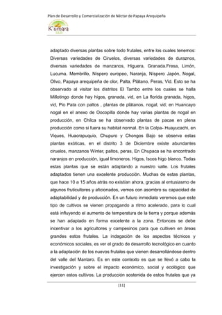Plan de Desarrollo y Comercialización de Néctar de Papaya Arequipeña
[11]
adaptado diversas plantas sobre todo frutales, entre los cuales tenemos:
Diversas variedades de Ciruelos, diversas variedades de duraznos,
diversas variedades de manzanos, Higuera, Granada.Fresa, Limón,
Lucuma. Membrillo, Níspero europeo, Naranja, Níspero Japón, Nogal,
Olivo, Papaya arequipeña de olor, Palta, Plátano, Peras, Vid. Esto se ha
observado al visitar los distritos El Tambo entre los cuales se halla
Millotingo donde hay higos, granada, vid, en La florida granada, higos,
vid, Pio Pata con paltos , plantas de plátanos, nogal, vid; en Huancayo
nogal en el anexo de Oocopilla donde hay varias plantas de nogal en
producción, en Chilca se ha observado plantas de pacae en plena
producción como si fuera su habitat normal. En la Colpa- Huayucachi, en
Viques, Huacrapuquio, Chupuro y Chongos Bajo se observa estas
plantas exóticas, en el distrito 3 de Diciembre existe abundantes
ciruelos, manzanos Winter, paltos, peras, En Chupaca se ha encontrado
naranjos en producción, igual limoneros. Higos, Iscos higo blanco. Todas
estas plantas que se están adaptando a nuestro valle. Los frutales
adaptados tienen una excelente producción. Muchas de estas plantas,
que hace 10 a 15 años atrás no existían ahora, gracias al entusiasmo de
algunos fruticultores y aficionados, vemos con asombro su capacidad de
adaptabilidad y de producción. En un futuro inmediato veremos que este
tipo de cultivos se vienen propagando a ritmo acelerado, para lo cual
está influyendo el aumento de temperatura de la tierra y porque además
se han adaptado en forma excelente a la zona. Entonces se debe
incentivar a los agricultores y campesinos para que cultiven en áreas
grandes estos frutales. La indagación de los aspectos técnicos y
económicos sociales, es ver el grado de desarrollo tecnológico en cuanto
a la adaptación de los nuevos frutales que vienen desarrollándose dentro
del valle del Mantaro. Es en este contexto es que se llevó a cabo la
investigación y sobre el impacto económico, social y ecológico que
ejercen estos cultivos. La producción sostenida de estos frutales que ya
 