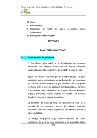 Plan de Desarrollo y Comercialización de Néctar de Papaya Arequipeña
[14]
4.2 Visión
4.3 Mercado Meta
4.4 Elaboración de Néctar de Papaya Arequipeña (carica
pubenscens)
4.5 Estrategias de Marketing Mix
CAPITULO I
PLANTEAMIENTO TEORICO
1.1. Planteamiento del problema
En los últimos años debido a la globalización las empresas
nacionales han decidido incursionar en nuevos mercados
ofreciendo productos competitivos de calidad y a bajos precios.
Según un estudio realizado por el CATER (1996), se pudo
establecer que la agroindustria en la Región Sur, se caracteriza
por ser de carácter artesanal y gira alrededor de unos pocos
productos entre los que se destacan: la industria láctea, panelera
y aguardiente como derivados de la caña, algunas harineras
(trigo) y almidones (achira). Dejando de explotar un producto
“bandera” como es la papaya arequipeña.
La demanda de jugos de fruta, es relativamente baja en la
mayoría de los mercados, aunque los sabores tropicales
adquieren cada vez mayor popularidad en Estados Unidos y
países europeos.
La papaya arequipeña, cuyo nombre científico es Carica
pubescens. Es un fruto muy aromático y de agradable sabor,
 