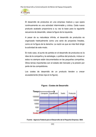 Plan de Desarrollo y Comercialización de Néctar de Papaya Arequipeña
[32]
El desarrollo de productos en una empresa madura y que opera
continuamente es una actividad interminable y cíclica. Cada nuevo
producto acabado proporciona a su vez la base para la siguiente
secuencia de desarrollo, véase la figura de la izquierda.
A pesar de su naturaleza infinita, el desarrollo de productos es
organizado habitualmente como una serie de proyectos lineales,
como en la figura de la derecha. La razón es que es más fácil dirigir
la actividad de este modo.
En todo caso, el punto de partida en el desarrollo de productos es la
idea de la compañía y la estrategia, o política del producto, incluso si
estos no siempre están documentados en las pequeñas compañías.
Otros temas importantes son el estado del mercado y la presión por
parte de los competidores.
Los costes de desarrollo de un producto tienden a crecer
acusadamente (linea roja en la figura).
Figura : Costes de Desarrollo
Fuente : Agencia Federal para el Desarrollo de la Pequeña Empresa. SBA
 