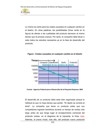 Plan de Desarrollo y Comercialización de Néctar de Papaya Arequipeña
[33]
Lo mismo es cierto para los costes causados en cualquier cambio en
el diseño. En otras palabras, las posibilidades (línea verde en la
figura) de afectar a las cualidades del producto decrecen al mismo
tiempo que el proceso avanza. Por tanto, la compañía debe llevar a
cabo todos los estudios necesarios ya en la fase de desarrollo del
producto.
Figura : Costes causados en cualquier cambio en el diseño
Fuente : Agencia Federal para el Desarrollo de la Pequeña Empresa. SBA
El desarrollo de un producto debe estar bien organizado porque lo
habitual es que no haya tiempo que perder. "El rápido se comerá al
lento". La compañía que lanza un producto antes que sus
competidores lograrán beneficios durante un tiempo de ventas más
largo antes de que tenga lugar el envejecimiento comercial del
producto (véase, en el diagrama de la izquierda, la línea roja).
Además, el precio inicial, más alto, del producto nuevo producirá
 