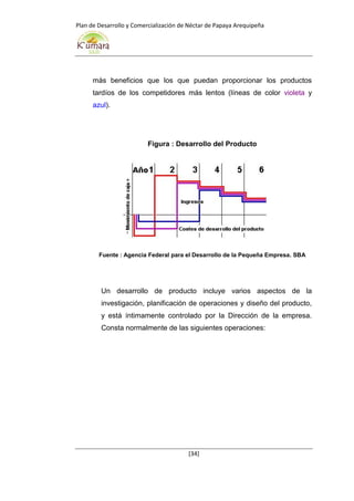 Plan de Desarrollo y Comercialización de Néctar de Papaya Arequipeña
[34]
más beneficios que los que puedan proporcionar los productos
tardíos de los competidores más lentos (líneas de color violeta y
azul).
Figura : Desarrollo del Producto
Fuente : Agencia Federal para el Desarrollo de la Pequeña Empresa. SBA
Un desarrollo de producto incluye varios aspectos de la
investigación, planificación de operaciones y diseño del producto,
y está íntimamente controlado por la Dirección de la empresa.
Consta normalmente de las siguientes operaciones:
 