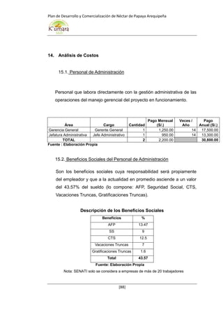 Plan de Desarrollo y Comercialización de Néctar de Papaya Arequipeña
[88]
14. Análisis de Costos
15.1. Personal de Administración
Personal que labora directamente con la gestión administrativa de las
operaciones del manejo gerencial del proyecto en funcionamiento.
Área Cargo Cantidad
Pago Mensual
(S/.)
Veces /
Año
Pago
Anual (S/.)
Gerencia General Gerente General 1 1,250.00 14 17,500.00
Jefatura Administrativa Jefe Administrativo 1 950.00 14 13,300.00
TOTAL 2 2,200.00 30,800.00
Fuente : Elaboración Propia
15.2. Beneficios Sociales del Personal de Administración
Son los beneficios sociales cuya responsabilidad será propiamente
del empleador y que a la actualidad en promedio asciende a un valor
del 43.57% del sueldo (lo compone: AFP, Seguridad Social, CTS,
Vacaciones Truncas, Gratificaciones Truncas).
Descripción de los Beneficios Sociales
Beneficios %
AFP 13.47
SS 9
CTS 12.5
Vacaciones Truncas 7
Gratificaciones Truncas 1.6
Total 43.57
Fuente: Elaboración Propia
Nota: SENATI solo se considera a empresas de más de 20 trabajadores
 