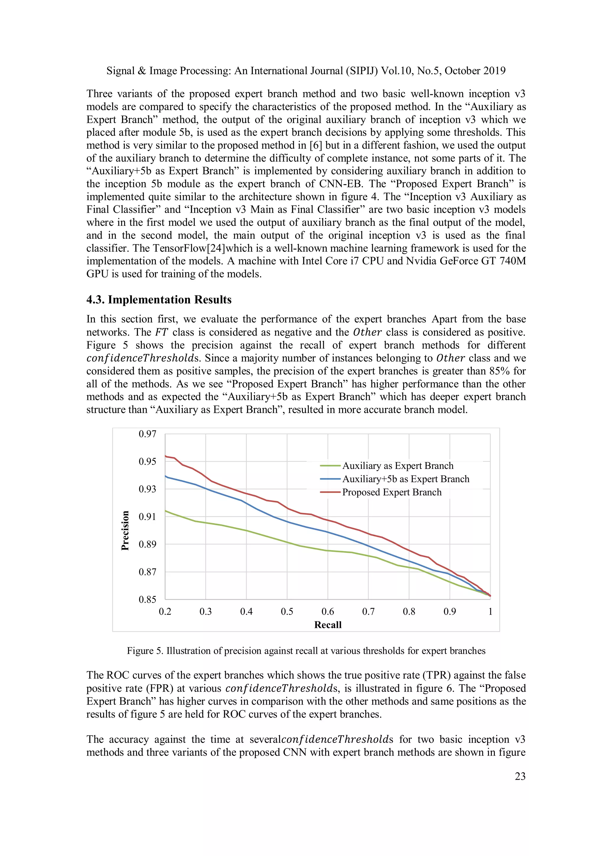 Signal & Image Processing: An International Journal (SIPIJ) Vol.10, No.5, October 2019
23
Three variants of the proposed expert branch method and two basic well-known inception v3
models are compared to specify the characteristics of the proposed method. In the “Auxiliary as
Expert Branch” method, the output of the original auxiliary branch of inception v3 which we
placed after module 5b, is used as the expert branch decisions by applying some thresholds. This
method is very similar to the proposed method in [6] but in a different fashion, we used the output
of the auxiliary branch to determine the difficulty of complete instance, not some parts of it. The
“Auxiliary+5b as Expert Branch” is implemented by considering auxiliary branch in addition to
the inception 5b module as the expert branch of CNN-EB. The “Proposed Expert Branch” is
implemented quite similar to the architecture shown in figure 4. The “Inception v3 Auxiliary as
Final Classifier” and “Inception v3 Main as Final Classifier” are two basic inception v3 models
where in the first model we used the output of auxiliary branch as the final output of the model,
and in the second model, the main output of the original inception v3 is used as the final
classifier. The TensorFlow[24]which is a well-known machine learning framework is used for the
implementation of the models. A machine with Intel Core i7 CPU and Nvidia GeForce GT 740M
GPU is used for training of the models.
4.3. Implementation Results
In this section first, we evaluate the performance of the expert branches Apart from the base
networks. The 𝐹𝑇 class is considered as negative and the 𝑂𝑡ℎ𝑒𝑟 class is considered as positive.
Figure 5 shows the precision against the recall of expert branch methods for different
𝑐𝑜𝑛𝑓𝑖𝑑𝑒𝑛𝑐𝑒𝑇ℎ𝑟𝑒𝑠ℎ𝑜𝑙𝑑s. Since a majority number of instances belonging to 𝑂𝑡ℎ𝑒𝑟 class and we
considered them as positive samples, the precision of the expert branches is greater than 85% for
all of the methods. As we see “Proposed Expert Branch” has higher performance than the other
methods and as expected the “Auxiliary+5b as Expert Branch” which has deeper expert branch
structure than “Auxiliary as Expert Branch”, resulted in more accurate branch model.
Figure 5. Illustration of precision against recall at various thresholds for expert branches
The ROC curves of the expert branches which shows the true positive rate (TPR) against the false
positive rate (FPR) at various 𝑐𝑜𝑛𝑓𝑖𝑑𝑒𝑛𝑐𝑒𝑇ℎ𝑟𝑒𝑠ℎ𝑜𝑙𝑑s, is illustrated in figure 6. The “Proposed
Expert Branch” has higher curves in comparison with the other methods and same positions as the
results of figure 5 are held for ROC curves of the expert branches.
The accuracy against the time at several𝑐𝑜𝑛𝑓𝑖𝑑𝑒𝑛𝑐𝑒𝑇ℎ𝑟𝑒𝑠ℎ𝑜𝑙𝑑s for two basic inception v3
methods and three variants of the proposed CNN with expert branch methods are shown in figure
0.85
0.87
0.89
0.91
0.93
0.95
0.97
0.2 0.3 0.4 0.5 0.6 0.7 0.8 0.9 1
Precision
Recall
Auxiliary as Expert Branch
Auxiliary+5b as Expert Branch
Proposed Expert Branch
 