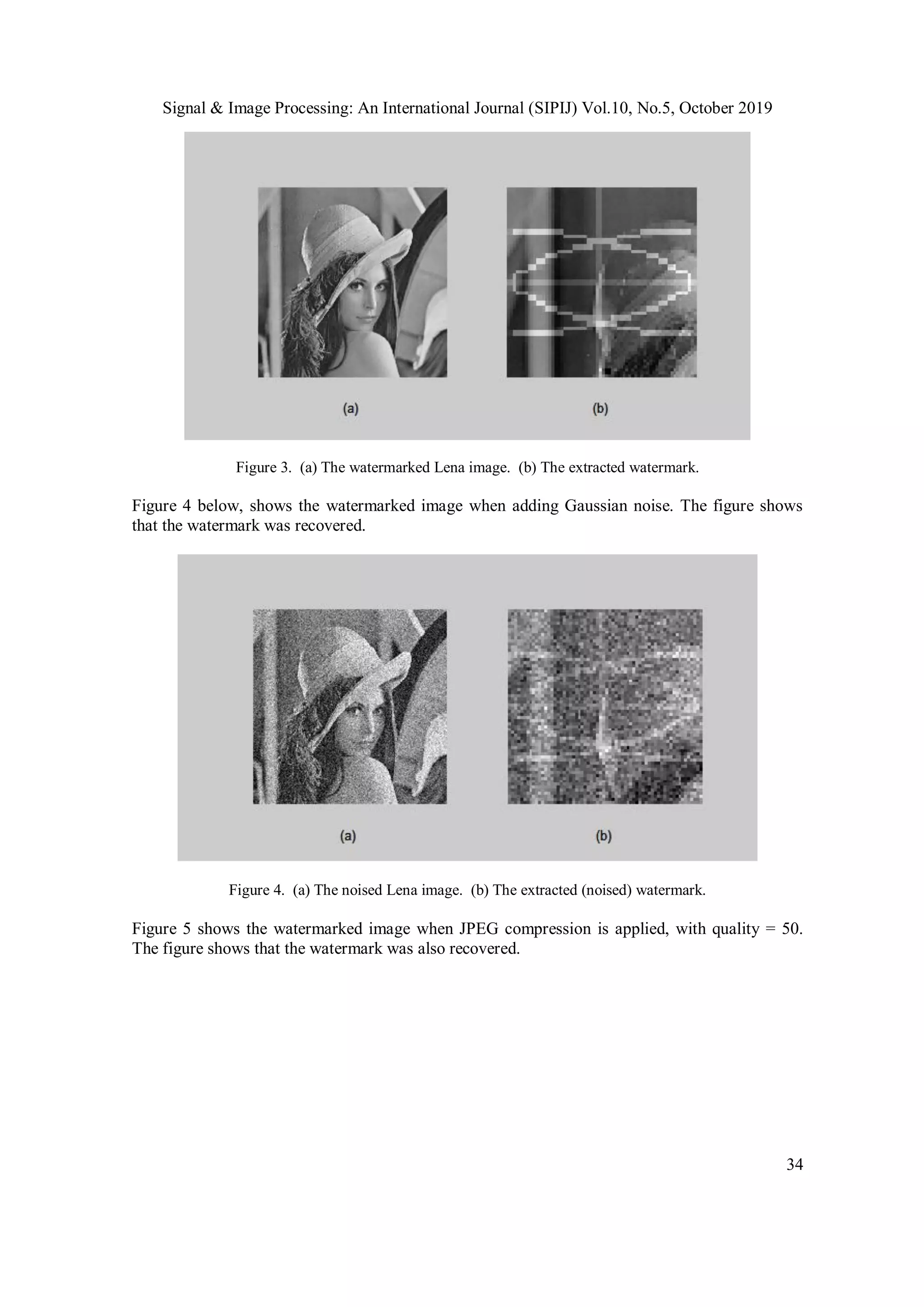 Signal & Image Processing: An International Journal (SIPIJ) Vol.10, No.5, October 2019
34
Figure 3. (a) The watermarked Lena image. (b) The extracted watermark.
Figure 4 below, shows the watermarked image when adding Gaussian noise. The figure shows
that the watermark was recovered.
Figure 4. (a) The noised Lena image. (b) The extracted (noised) watermark.
Figure 5 shows the watermarked image when JPEG compression is applied, with quality = 50.
The figure shows that the watermark was also recovered.
 