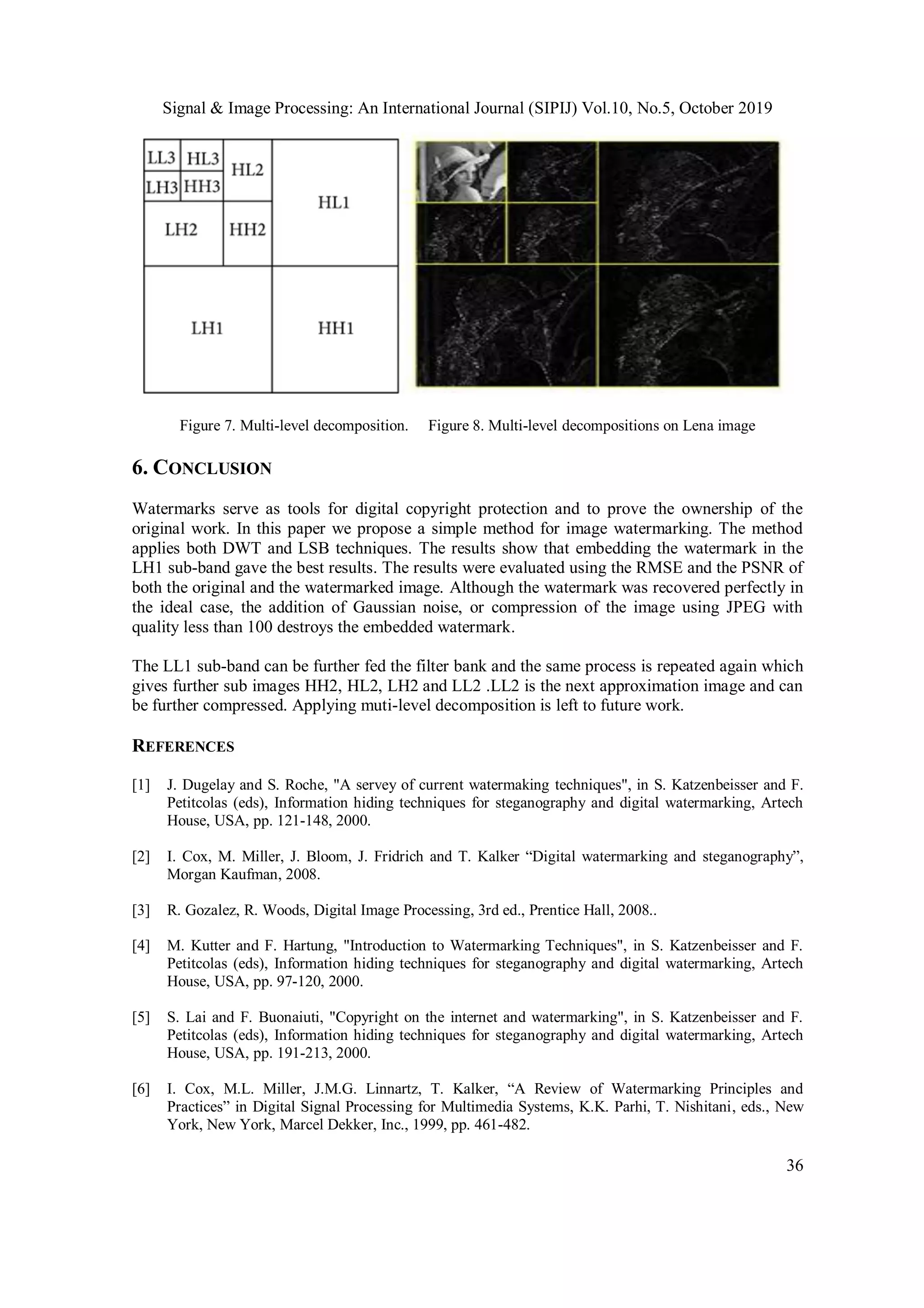 Signal & Image Processing: An International Journal (SIPIJ) Vol.10, No.5, October 2019
36
Figure 7. Multi-level decomposition. Figure 8. Multi-level decompositions on Lena image
6. CONCLUSION
Watermarks serve as tools for digital copyright protection and to prove the ownership of the
original work. In this paper we propose a simple method for image watermarking. The method
applies both DWT and LSB techniques. The results show that embedding the watermark in the
LH1 sub-band gave the best results. The results were evaluated using the RMSE and the PSNR of
both the original and the watermarked image. Although the watermark was recovered perfectly in
the ideal case, the addition of Gaussian noise, or compression of the image using JPEG with
quality less than 100 destroys the embedded watermark.
The LL1 sub-band can be further fed the filter bank and the same process is repeated again which
gives further sub images HH2, HL2, LH2 and LL2 .LL2 is the next approximation image and can
be further compressed. Applying muti-level decomposition is left to future work.
REFERENCES
[1] J. Dugelay and S. Roche, "A servey of current watermaking techniques", in S. Katzenbeisser and F.
Petitcolas (eds), Information hiding techniques for steganography and digital watermarking, Artech
House, USA, pp. 121-148, 2000.
[2] I. Cox, M. Miller, J. Bloom, J. Fridrich and T. Kalker “Digital watermarking and steganography”,
Morgan Kaufman, 2008.
[3] R. Gozalez, R. Woods, Digital Image Processing, 3rd ed., Prentice Hall, 2008..
[4] M. Kutter and F. Hartung, "Introduction to Watermarking Techniques", in S. Katzenbeisser and F.
Petitcolas (eds), Information hiding techniques for steganography and digital watermarking, Artech
House, USA, pp. 97-120, 2000.
[5] S. Lai and F. Buonaiuti, "Copyright on the internet and watermarking", in S. Katzenbeisser and F.
Petitcolas (eds), Information hiding techniques for steganography and digital watermarking, Artech
House, USA, pp. 191-213, 2000.
[6] I. Cox, M.L. Miller, J.M.G. Linnartz, T. Kalker, “A Review of Watermarking Principles and
Practices” in Digital Signal Processing for Multimedia Systems, K.K. Parhi, T. Nishitani, eds., New
York, New York, Marcel Dekker, Inc., 1999, pp. 461-482.
 