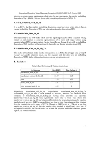 International Journal on Natural Language Computing (IJNLC) Vol.10, No.5, October 2021
13
short-term memory using mechanisms called gates. In our experiments, the encoder embedding
dimension of the LSTM is 256, and the decoder embedding dimension is 512 [6, 7].
4.3. lstm_wiseman_iwslt_de_en
It is an LSTM but has smaller embedding dimensions. Also known as a tiny-lstm, it has an
encoder embedding dimension of 256, and a decoder embedding dimension of 256.
4.4. transformer_iwslt_de_en
The Transformer is the first model which converts input sequences to output sequences relying
entirely on self-attention to compute representations of its input and output without using
sequence-aligned RNNs or convolution. Having 6 encoder and decoder layers with an embedding
dimension of 512, it utilizes self-attention with 8 encoder and decoder attention heads [13].
4.5. transformer_wmt_en_de_big_t2t
This is also a transformer model like the one described in (4.4) but has a bigger size, having 16
encoder and decoder attention heads, and the encoders and decoders have an embedding
dimension of 1024. It also utilizes attention dropout and activation dropout.
5. RESULTS
Table 2. Best BLEU scores & Training time in hours
Architecture Best BLEU Time (in hours)
transformer_iwslt_de_en 22.98 11
transformer_wmt_en_de_big_t2t 21.17 16.5
lstm 17.24 6.25
fconv_iwslt_de_en 15.41 5.5
lstm_wiseman_iwslt_de_en 14.03 4
Surprisingly transformer_iwslt_de_en outperformed transformer_wmt_en_de_big_t2t.
Transformer_iwslt_de_en had a lesser number of encoders, decoders and attention heads
compared to transformer_wmt_en_de_big_t2t. Having more encoders and decoders,
transformer_wmt_en_de_big_t2t took significantly more time to train. This shows that
transformer_wmt_en_de_big_t2t is a better model to train in the given circumstances for machine
translation as it has more BLEU scores and takes less time to train. One noticeable thing obtained
from the results is the performance of LSTM. Though its BLEU score is 17.24 and is less than
transformer_wmt_en_de_big_t2t but the training time required is significantly very low. If
having time constraints, the LSTM model can be used for Machine translation tasks as it gives a
high BLEU score in less time.
 