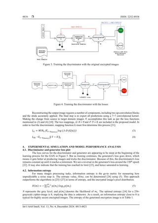  ISSN: 2252-8938
Int J Artif Intell, Vol. 13, No. 4, December 2024: 4813-4821
4816
Figure 3. Training the discriminator with the original encrypted images
Figure 4. Training the discriminator with the losses
Reconstructing the output image requires a number of components, including two up-convolution blocks
and the stride accurately applied. The final step is to export all predictions using a 7×7 convolutional kernel.
Making the change from source to target domain images Y, accomplishes this task as per the loss functions
mentioned in (3) and (4) [10]. The two mappings, G: X→ Y and F: Y→ X, are included in the proposed model. In
order to fool the discriminator, mapping function G must first determine this process [21].
𝐿𝐺 = 𝑀𝐼𝑁𝐺(𝐸𝑥~𝑝𝑑𝑎𝑡𝑎(𝑥)
𝑙𝑜𝑔⁡(1-D (G(x))) (3)
𝐿𝑅𝐶⁡=𝐸𝑥~𝑝𝑑𝑎𝑡𝑎(𝑥)
⁡⁡⃦⁡𝑌 − 𝑋⁡⁡⁡⃦1 (4)
4. EXPERIMENTAL SIMULATION AND MODEL PERFORMANCE ANALYSIS
4.1. Discriminator and generator loss plot
The loss curves for the discriminator and generator are appearing to be steep at the beginning of the
learning process for the GAN in Figure 5. But as training continues, the generator's loss goes down, which
means it gets better at producing images and tricks the discriminator. Because of this, the discriminator's loss
remains constant up until it reaches a minimum. We see a reversal in the generator's loss around the 150th
epoch
[22]. It may also indicate that the training has reached its limit [23], and hence saturated in learning.
4.2. Information entropy
For many images processing tasks, information entropy is the go-to metric for measuring how
unpredictable a noise map is. The entropy value, H(m), can be determined [24] using (5). This approach
outperforms the algorithms in [25]–[27] in terms of entropy, and the encrypted image's pixel distribution.
𝐻(𝑚) = − ∑ 𝑝(𝑚𝑖)
2𝑁−1
𝑖=0 𝑙𝑜𝑔2⁡𝑝(𝑚𝑖) (5)
N represents the grey level, and 𝑝(𝑚𝑖)⁡denotes the likelihood of 𝑚𝑖. The optimal entropy [16] for a 256-
grayscale cipher-image is 8, implying the data is unknown. As a result, an information entropy close to 8 is
typical for highly secure encrypted images. The entropy of the generated encryption image is in Table 1.
 