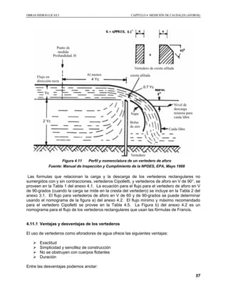 OOBBRRAASS HHIIDDRRÁÁUULLIICCAASS II CCAAPPÍÍTTUULLOO 44 MMEEDDIICCIIÓÓNN DDEE CCAAUUDDAALLEESS ((AAFFOORROOSS))
57
Figura 4.11 Perfil y nomenclatura de un vertedero de aforo
Fuente: Manual de Inspección y Cumplimiento de la NPDES, EPA, Mayo 1988
Las formulas que relacionan la carga y la descarga de los vertederos rectangulares no
sumergidos con y sin contracciones, vertederos Cipolletti, y vertederos de aforo en V de 90°, se
proveen en la Tabla 1 del anexo 4.1. La ecuación para el flujo para el vertedero de aforo en V
de 90-grados (cuando la carga se mide en la cresta del vertedero) se incluye en la Tabla 2 del
anexo 3.1. El flujo para vertederos de aforo en V de 60 y de 90-grados se puede determinar
usando el nomograma de la figura a) del anexo 4.2. El flujo mínimo y máximo recomendado
para el vertedero Cipolletti se provee en la Tabla 4.5. La Figura b) del anexo 4.2 es un
nomograma para el flujo de los vertederos rectangulares que usan las fórmulas de Francis.
4.11.1 Ventajas y desventajas de los vertederos
El uso de vertederos como aforadores de agua ofrece las siguientes ventajas:
Exactitud
Simplicidad y sencillez de construcción
No se obstruyen con cuerpos flotantes
Duración
Entre las desventajas podemos anotar:
 