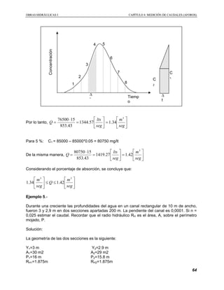 OOBBRRAASS HHIIDDRRÁÁUULLIICCAASS II CCAAPPÍÍTTUULLOO 44 MMEEDDIICCIIÓÓNN DDEE CCAAUUDDAALLEESS ((AAFFOORROOSS))
64
Por lo tanto, 





=





=
⋅
=
seg
m
seg
lts
Q
3
34.157.1344
43.853
1576500
Para 5 %: C1 = 85000 – 85000*0.05 = 80750 mg/lt
De la misma manera, 





=





=
⋅
=
seg
m
seg
lts
Q
3
42.127.1419
43.853
1580750
Considerando el porcentaje de absorción, se concluye que:






≤≤





seg
m
Q
seg
m 33
42.134.1
Ejemplo 5.-
Durante una creciente las profundidades del agua en un canal rectangular de 10 m de ancho,
fueron 3 y 2,9 m en dos secciones apartadas 200 m. La pendiente del canal es 0,0001. Si n =
0,025 estimar el caudal. Recordar que el radio hidráulico RH es el área, A, sobre el perímetro
mojado, P.
Solución:
La geometría de las dos secciones es la siguiente:
Y1=3 m Y2=2.9 m
A1=30 m2 A2=29 m2
P1=16 m P2=15.8 m
RH1=1.875m RH2=1.875m
Concentración
Tiemp
o
∆
t
1
2
3
4 5
6
7
8
∆
t
C
2
C
3
 