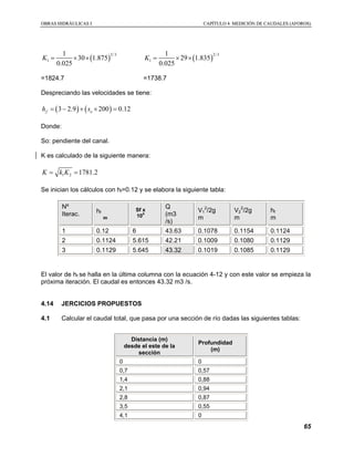 OOBBRRAASS HHIIDDRRÁÁUULLIICCAASS II CCAAPPÍÍTTUULLOO 44 MMEEDDIICCIIÓÓNN DDEE CCAAUUDDAALLEESS ((AAFFOORROOSS))
65
( )
2/3
1
1
30 1.875
0.025
K = × × ( )
2/3
1
1
29 1.835
0.025
K = × ×
=1824.7 =1738.7
Despreciando las velocidades se tiene:
( ) ( )3 2.9 200 0.12f oh s= − + × =
Donde:
So: pendiente del canal.
K es calculado de la siguiente manera:
1 2 1781.2K k K= =
Se inician los cálculos con hf=0.12 y se elabora la siguiente tabla:
Nº
Iterac. hf
m
Sf x
10
4
Q
(m3
/s)
V1
2
/2g
m
V2
2
/2g
m
hf
m
1 0.12 6 43.63 0.1078 0.1154 0.1124
2 0.1124 5.615 42.21 0.1009 0.1080 0.1129
3 0.1129 5.645 43.32 0.1019 0.1085 0.1129
El valor de hf se halla en la última columna con la ecuación 4-12 y con este valor se empieza la
próxima iteración. El caudal es entonces 43.32 m3 /s.
4.14 JERCICIOS PROPUESTOS
4.1 Calcular el caudal total, que pasa por una sección de río dadas las siguientes tablas:
Distancia (m)
desde el este de la
sección
Profundidad
(m)
0 0
0,7 0,57
1,4 0,88
2,1 0,94
2,8 0,87
3,5 0,55
4,1 0
 