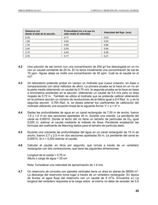 OOBBRRAASS HHIIDDRRÁÁUULLIICCAASS II CCAAPPÍÍTTUULLOO 44 MMEEDDIICCIIÓÓNN DDEE CCAAUUDDAALLEESS ((AAFFOORROOSS))
66
4.2 Una solución de sal común con una concentración de 200 g/l fue descargada en un río
con un caudal constante de 25 l/s. El río tenía inicialmente una concentración de sal de
10 ppm. Aguas abajo se midió una concentración de 45 ppm. Cuál es el caudal en el
río?
4.3 Un laboratorio pretende probar en campo un molinete que nueva creación, en base a
comparaciones con otros métodos de aforo. La primera prueba se la hace en un río en
la parte media obteniendo un caudal de 0.75 m/s. la segunda prueba se la hace en base
a limnimetros existentes en la sección, obteniendo un caudal de 0.4 m/s para un área
mojada de 0.72 m. También se utiliza el molinete que se pretende calibrar obteniendo
en la primera sección un número de revoluciones de la hélice igual a 0.4 Rad. /s. y en la
segunda sección 0.765 Rad. /s. se desea obtener los coeficientes de calibración del
molinete utilizando una ecuación lineal de la siguiente forma: V = a + b* n
4.4 Dadas las profundidades de agua en un canal rectangular de 7,00 m de ancho, fueron
1,8 y 1,4 m en dos secciones apartadas 35 m, durante una crecida. La pendiente del
canal es 0,00010. Donde el lecho del río tiene un tamaño de partículas de D50 igual
0,025 m. estimar el caudal mediante el método de Área- Pendiente empleando las
formulas del coeficiente de Manning dados para el tamaño de partícula dado.
4.5 Durante una creciente las profundidades del agua en un canal rectangular de 10 m de
ancho, fueron 2,7 y 2,5 m en dos secciones apartadas 50 m. La pendiente del canal es
0,00015. Si n = 0,025 estimar el caudal.
4.6 Calcular el caudal, en litros por segundo, que circula a través de un vertedero
rectangular con dos contracciones, que tiene las siguientes dimensiones:
Longitud de la cresta = 0,75 m
Altura o carga de agua = 20 cm
Nota: Considerar una velocidad de aproximación de 1.5 m/s
4.7 Un reservorio de concreto con paredes verticales tiene un área en planta de 56000 m2
.
La descarga del reservorio toma lugar a través de un vertedero rectangular. En época
de lluvias, el agua fluye del reservorio con un caudal de 9 m3
/s. Encuentre a.) La
longitud del vertedero requerida si la carga sobre el mismo no debe de exceder de 0.6
Distancia (m)
desde el este de la sección
Profundidad (m) a la que ha
sido media la velocidad
Velocidad del flujo (m/s)
0,35 0,17 0,23
1,05 0,44 0,52
1,75 0,55 0,66
2,45 0,54 0,64
3,15 0,43 0,55
3,75 0,17 0,21
 