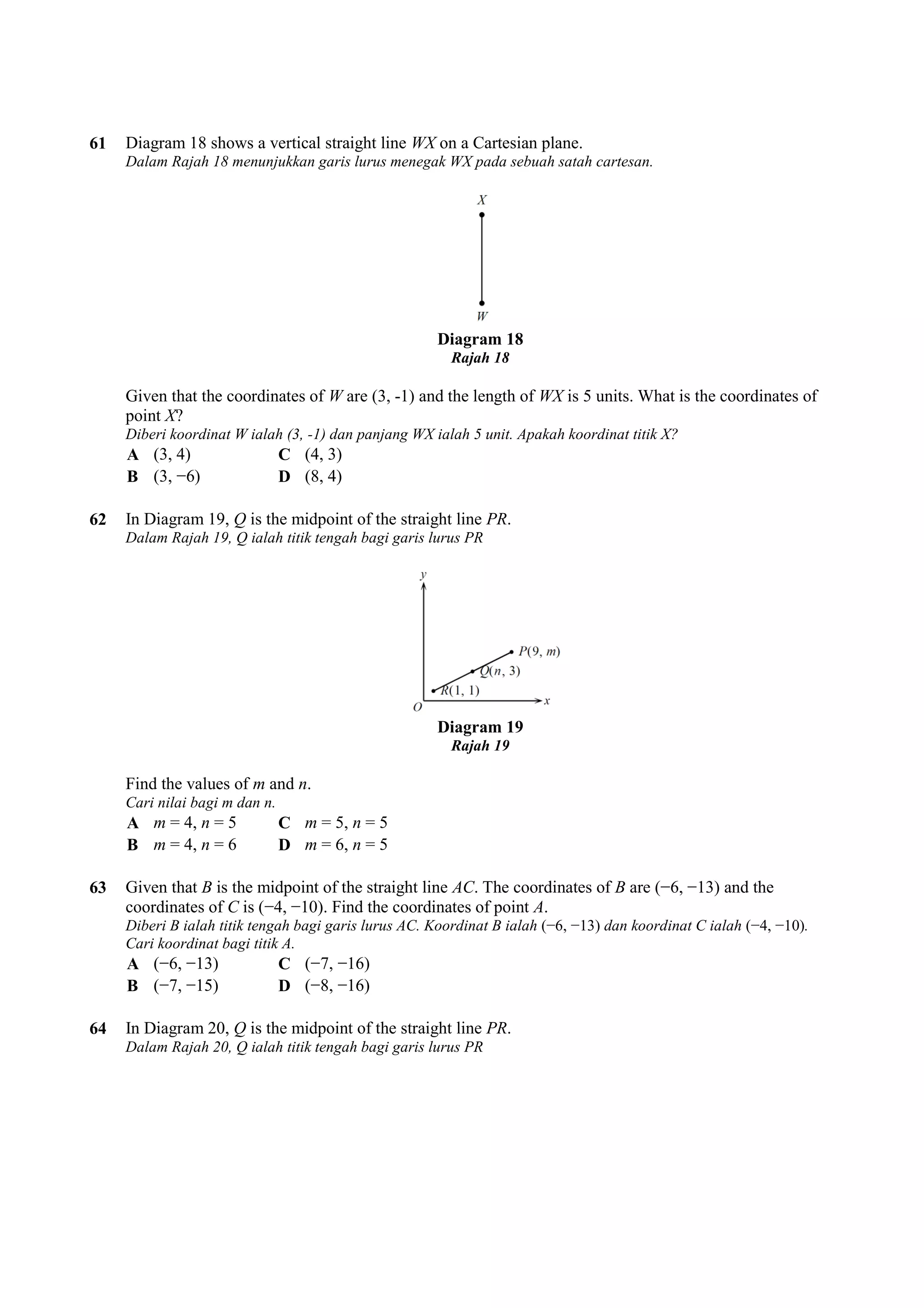 61 Diagram 18 shows a vertical straight line 
WX on a Cartesian plane. 
Dalam Rajah 18 menunjukkan garis lurus menegak WX pada sebuah satah cartesan. 
Diagram 18 
Rajah 18 
Given that the coordinates of W 
point X? 
Diberi koordinat W ialah (3, -1) dan panjang WX ialah 5 unit. Apakah koordinat titik X? 
A (3, 4) C (4, 3) 
B (3, −6) D (8, 4) 
are (3, -1) and the length of WX is 5 units. What i 
62 In Diagram 19, Q is the midpoint of the straight line 
Dalam Rajah 19, Q ialah titik tengah bagi garis lurus PR 
Find the values of m and n. 
Cari nilai bagi m dan n. 
A m = 4, n = 5 C m = 5, 
B m = 4, n = 6 D m = 6, 
63 Given that B is the midpoint of the straight line 
coordinates of C is (−4, −10). Find the coordinates of point 
Diberi B ialah titik tengah bagi garis lurus AC. Koordinat B ialah 
Cari koordinat bagi titik A. 
A (−6, −13) C (−7, 
B (−7, −15) D (−8, 
64 In Diagram 20, Q is the midpoint of the straight line 
Dalam Rajah 20, Q ialah titik tengah bagi garis lurus PR 
PR. 
Diagram 19 
Rajah 19 
n = 5 
n = 5 
AC. The coordinates of B are (− 
A. 
(−6, −13) dan koordinat C ialah 
−16) 
−16) 
PR. 
is the coordinates of 
−6, −13) and the 
(−4, −10). 
 