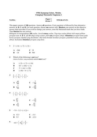 100 soalan Matematik Ting2 Slide 1