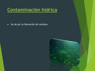 Contaminación hídrica
 Se da por la liberación de residuos
 