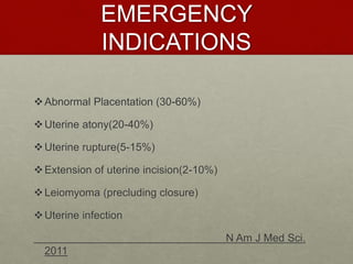 EMERGENCY
INDICATIONS
Abnormal Placentation (30-60%)
Uterine atony(20-40%)
Uterine rupture(5-15%)
Extension of uterine incision(2-10%)
Leiomyoma (precluding closure)
Uterine infection
N Am J Med Sci.
2011
 