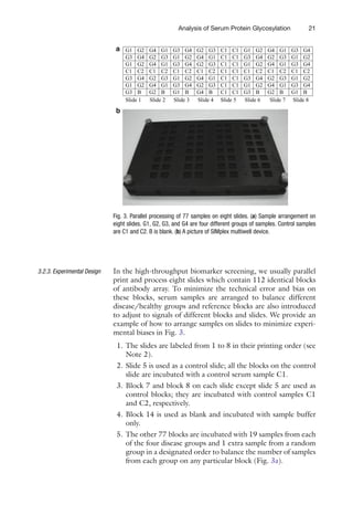 21
Analysis of Serum Protein Glycosylation
In the high-throughput biomarker screening, we usually parallel
print and process eight slides which contain 112 identical blocks
of antibody array. To minimize the technical error and bias on
these blocks, serum samples are arranged to balance different
­
disease/healthy groups and reference blocks are also introduced
to adjust to signals of different blocks and slides. We provide an
example of how to arrange samples on slides to minimize experi-
mental biases in Fig. 3.
1. The slides are labeled from 1 to 8 in their printing order (see
Note 2).
2. Slide 5 is used as a control slide; all the blocks on the control
slide are incubated with a control serum sample C1.
3. Block 7 and block 8 on each slide except slide 5 are used as
control blocks; they are incubated with control samples C1
and C2, respectively.
4. Block 14 is used as blank and incubated with sample buffer
only.
5. The other 77 blocks are incubated with 19 samples from each
of the four disease groups and 1 extra sample from a random
group in a designated order to balance the number of samples
from each group on any particular block (Fig. 3a).
3.2.3. Experimental Design
G1 G2 G4 G1 G3 G4 G2 G3 C1 C1 G1 G2 G4 G1 G3 G4
G3 G4 G2 G3 G1 G2 G4 G1 C1 C1 G3 G4 G2 G3 G1 G2
G1 G2 G4 G1 G3 G4 G2 G3 C1 C1 G1 G2 G4 G1 G3 G4
C1 C2 C1 C2 C1 C2 C1 C2 C1 C1 C1 C2 C1 C2 C1 C2
G3 G4 G2 G3 G1 G2 G4 G1 C1 C1 G3 G4 G2 G3 G1 G2
G1 G2 G4 G1 G3 G4 G2 G3 C1 C1 G1 G2 G4 G1 G3 G4
G3 B G2 B G1 B G4 B C1 C1 G3 B G2 B G1 B
Slide 1 Slide 2 Slide 3 Slide 4 Slide 5 Slide 6 Slide 7 Slide 8
a
b
Fig. 3. Parallel processing of 77 samples on eight slides. (a) Sample arrangement on
eight slides. G1, G2, G3, and G4 are four different groups of samples. Control samples
are C1 and C2. B is blank. (b) A picture of SIMplex multiwell device.
 