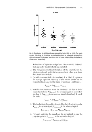 23
Analysis of Serum Protein Glycosylation
1. A threshold of signal-to-background ratio is set at 3 and spots
that are under this threshold are excluded.
2. The background-subtracted median of the intensity for the
triplicates of each antibody is averaged and taken as a single
data point into analysis.
3. On-slide variation index for antibody 1 in block 1 equals to
the average signal of antibody 1 over all the blocks on the
control slide divided by the signal of antibody 1 in block 1.
I S
=
Ab1.B1 Ab1.CS Ab1.B1
A g /
v .
4. Slide-to-slide variation index for antibody 1 on slide 1 is cal-
culated as follows: AvgAb1.S1
is the average signal of antibody 1
on slide 1. AvgAb1.AS
is the average signal of antibody 1 on all
the slides.
=
Ab1.S1 S Ab1.A Ab1.S1
Avg / Avg .
I
5. The final adjusted signal is calculated by the following formula:
SAb1.B1.S1
is the raw signal, SAb1.B1.S1.ad
is the adjusted signal.
S S I I
=
Ab1.B1.S1.ad Ab1.B1.S1 Ab1.B1 Ab1.S1
* * .
6. For each antibody the signal can be normalized to one for
easy comparison, SAb1.B1.S1.n
is the normalized signal.
S S
=
Ab1.B1.S1.n Ab1.B1.S1.ad Ab1
/Avg .
Fig. 4. Distribution of sialylation levels detected by lectin SNA on A1BG. The spots
present the signal of the glycan on captured antigen for individual samples from
­
different classes. The long and short lines give the mean value and the standard error
of the mean, respectively.
 
