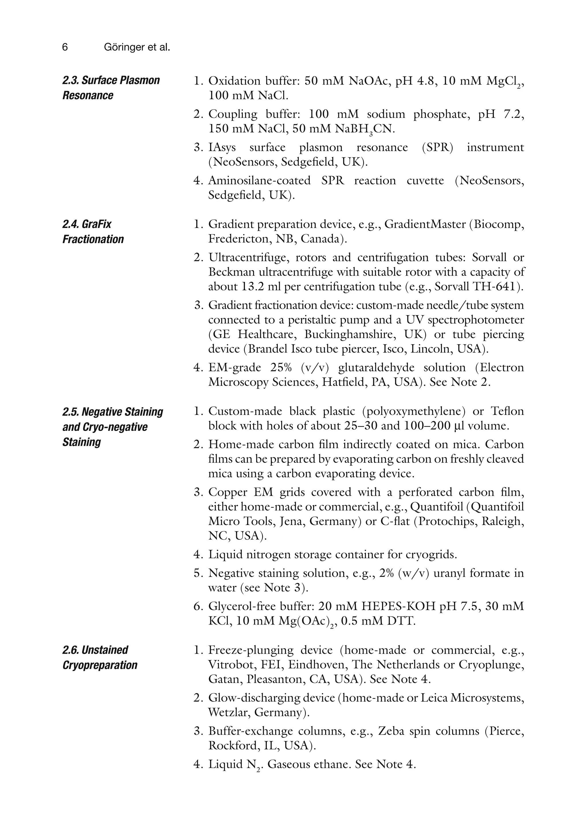6 Göringer et al.
1. Oxidation buffer: 50 mM NaOAc, pH 4.8, 10 mM MgCl2
,
100 mM NaCl.
2. Coupling buffer: 100 mM sodium phosphate, pH 7.2,
150 mM NaCl, 50 mM NaBH3
CN.
3. IAsys surface plasmon resonance (SPR) instrument
(NeoSensors, Sedgefield, UK).
4. Aminosilane-coated SPR reaction cuvette (NeoSensors,
Sedgefield, UK).
1. Gradient preparation device, e.g., GradientMaster (Biocomp,
Fredericton, NB, Canada).
2. Ultracentrifuge, rotors and centrifugation tubes: Sorvall or
Beckman ultracentrifuge with suitable rotor with a capacity of
about 13.2 ml per centrifugation tube (e.g., Sorvall TH-641).
3. Gradient fractionation device: custom-made needle/tube system
connected to a peristaltic pump and a UV spectrophotometer
(GE Healthcare, Buckinghamshire, UK) or tube piercing
device (Brandel Isco tube piercer, Isco, Lincoln, USA).
4. EM-grade 25% (v/v) glutaraldehyde solution (Electron
Microscopy Sciences, Hatfield, PA, USA). See Note 2.
1. Custom-made black plastic (polyoxymethylene) or Teflon
block with holes of about 25–30 and 100–200 ml volume.
2. Home-made carbon film indirectly coated on mica. Carbon
films can be prepared by evaporating carbon on freshly cleaved
mica using a carbon evaporating device.
3. Copper EM grids covered with a perforated carbon film,
either home-made or commercial, e.g., Quantifoil (Quantifoil
Micro Tools, Jena, Germany) or C-flat (Protochips, Raleigh,
NC, USA).
4. Liquid nitrogen storage container for cryogrids.
5. Negative staining solution, e.g., 2% (w/v) uranyl formate in
water (see Note 3).
6. Glycerol-free buffer: 20 mM HEPES-KOH pH 7.5, 30 mM
KCl, 10 mM Mg(OAc)2
, 0.5 mM DTT.
1. Freeze-plunging device (home-made or commercial, e.g.,
Vitrobot, FEI, Eindhoven, The Netherlands or Cryoplunge,
Gatan, Pleasanton, CA, USA). See Note 4.
2. Glow-discharging device (home-made or Leica Microsystems,
Wetzlar, Germany).
3. Buffer-exchange columns, e.g., Zeba spin columns (Pierce,
Rockford, IL, USA).
4. Liquid N2
. Gaseous ethane. See Note 4.
2.3. Surface Plasmon
Resonance
2.4. GraFix
Fractionation
2.5. Negative Staining
and Cryo-negative
Staining
2.6. Unstained
Cryopreparation
 