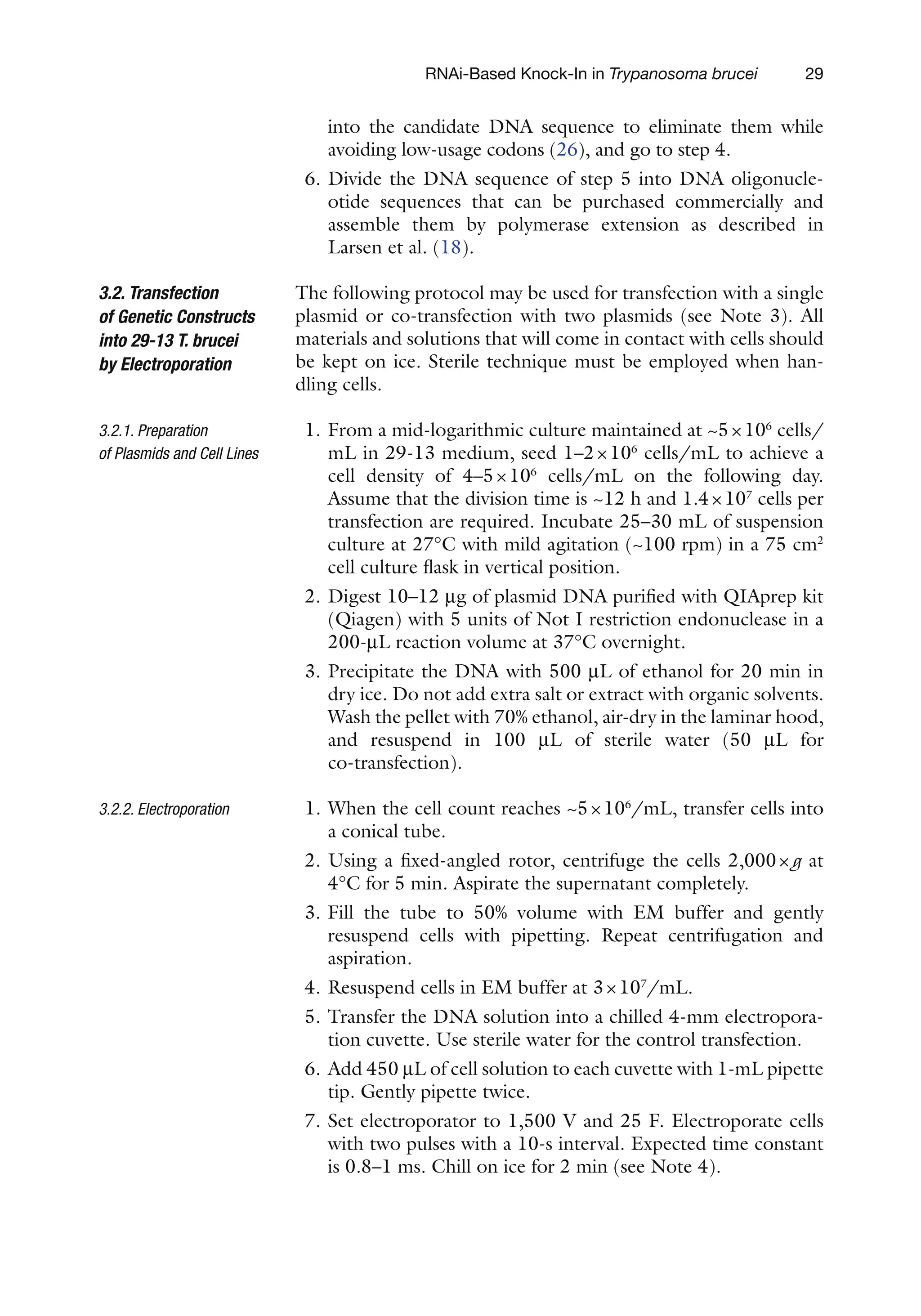 29
RNAi-Based Knock-In in Trypanosoma brucei
into the candidate DNA sequence to ­
eliminate them while
avoiding low-usage codons (26), and go to step 4.
6. Divide the DNA sequence of step 5 into DNA oligonucle-
otide sequences that can be purchased commercially and
assemble them by polymerase extension as described in
Larsen et al. (18).
The following protocol may be used for transfection with a single
plasmid or co-transfection with two plasmids (see Note 3). All
materials and solutions that will come in contact with cells should
be kept on ice. Sterile technique must be employed when han-
dling cells.
1. From a mid-logarithmic culture maintained at ~5×106
cells/
mL in 29-13 medium, seed 1–2×106
cells/mL to achieve a
cell density of 4–5×106
cells/mL on the following day.
Assume that the division time is ~12 h and 1.4×107
cells per
transfection are required. Incubate 25–30 mL of suspension
culture at 27°C with mild agitation (~100 rpm) in a 75 cm2
cell culture flask in vertical position.
2. Digest 10–12 mg of plasmid DNA purified with QIAprep kit
(Qiagen) with 5 units of Not I restriction endonuclease in a
200-mL reaction volume at 37°C overnight.
3. Precipitate the DNA with 500 mL of ethanol for 20 min in
dry ice. Do not add extra salt or extract with organic solvents.
Wash the pellet with 70% ethanol, air-dry in the laminar hood,
and resuspend in 100 mL of sterile water (50 mL for
co-transfection).
1. When the cell count reaches ~5×106
/mL, transfer cells into
a conical tube.
2. Using a fixed-angled rotor, centrifuge the cells 2,000×g at
4°C for 5 min. Aspirate the supernatant completely.
3. Fill the tube to 50% volume with EM buffer and gently
­
resuspend cells with pipetting. Repeat centrifugation and
aspiration.
4. Resuspend cells in EM buffer at 3×107
/mL.
5. Transfer the DNA solution into a chilled 4-mm electropora-
tion cuvette. Use sterile water for the control transfection.
6. Add 450 mL of cell solution to each cuvette with 1-mL pipette
tip. Gently pipette twice.
7. Set electroporator to 1,500 V and 25 F. Electroporate cells
with two pulses with a 10-s interval. Expected time constant
is 0.8–1 ms. Chill on ice for 2 min (see Note 4).
3.2. Transfection
of Genetic Constructs
into 29-13 T. brucei
by Electroporation
3.2.1. Preparation
of Plasmids and Cell Lines
3.2.2. 
Electroporation
 