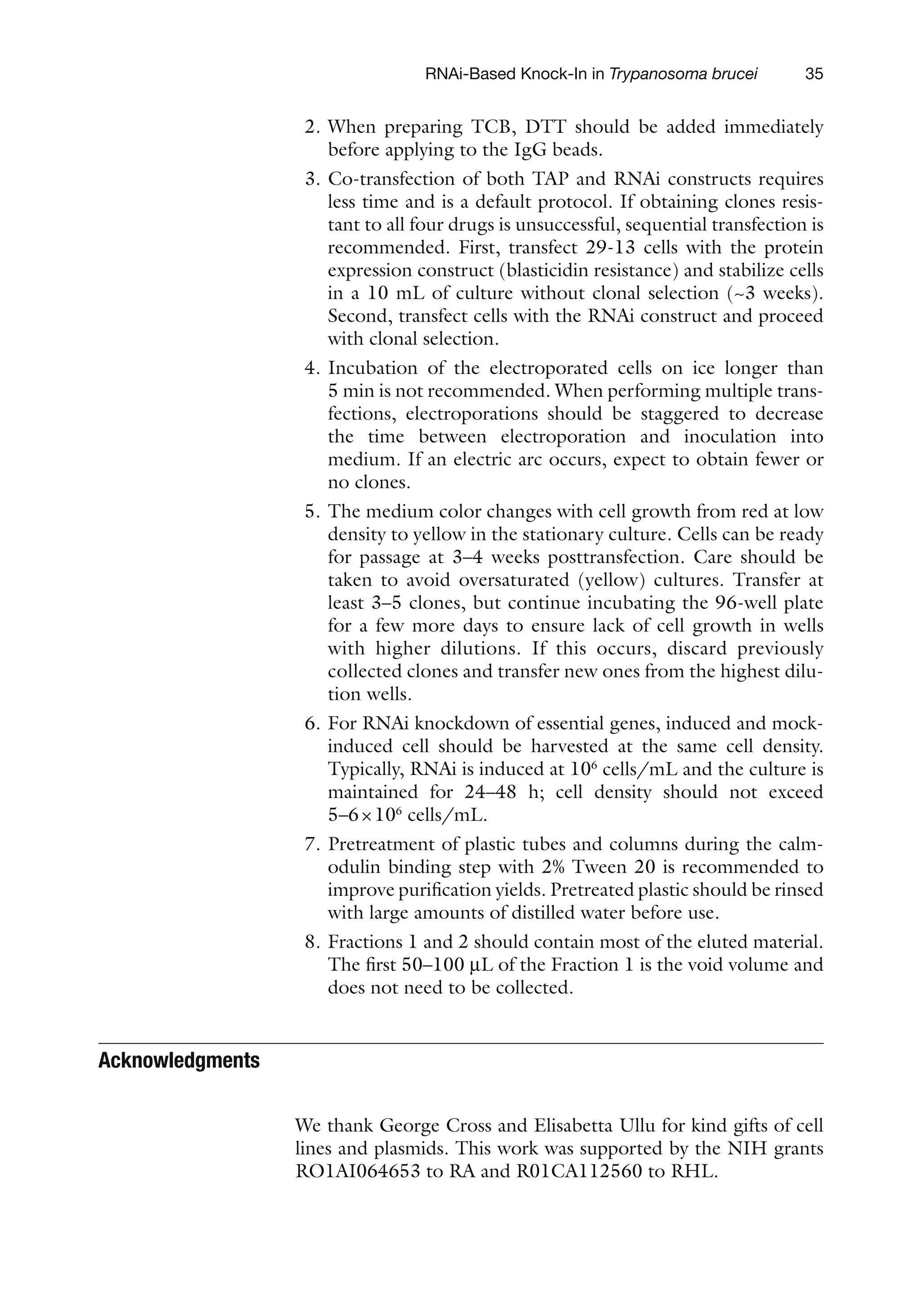 35
RNAi-Based Knock-In in Trypanosoma brucei
2. When preparing TCB, DTT should be added immediately
before applying to the IgG beads.
3. Co-transfection of both TAP and RNAi constructs requires
less time and is a default protocol. If obtaining clones resis-
tant to all four drugs is unsuccessful, sequential transfection is
recommended. First, transfect 29-13 cells with the protein
expression construct (blasticidin resistance) and stabilize cells
in a 10 mL of culture without clonal selection (~3 weeks).
Second, transfect cells with the RNAi construct and proceed
with clonal selection.
4. Incubation of the electroporated cells on ice longer than
5 min is not recommended. When performing multiple trans-
fections, electroporations should be staggered to decrease
the time between electroporation and inoculation into
medium. If an electric arc occurs, expect to obtain fewer or
no clones.
5. The medium color changes with cell growth from red at low
density to yellow in the stationary culture. Cells can be ready
for passage at 3–4 weeks posttransfection. Care should be
taken to avoid oversaturated (yellow) cultures. Transfer at
least 3–5 clones, but continue incubating the 96-well plate
for a few more days to ensure lack of cell growth in wells
with higher dilutions. If this occurs, discard previously
collected clones and transfer new ones from the highest dilu-
tion wells.
6. For RNAi knockdown of essential genes, induced and mock-
induced cell should be harvested at the same cell density.
Typically, RNAi is induced at 106
cells/mL and the culture is
maintained for 24–48 h; cell density should not exceed
5–6×106
cells/mL.
7. Pretreatment of plastic tubes and columns during the calm-
odulin binding step with 2% Tween 20 is recommended to
improve purification yields. Pretreated plastic should be rinsed
with large amounts of distilled water before use.
8. Fractions 1 and 2 should contain most of the eluted material.
The first 50–100 mL of the Fraction 1 is the void volume and
does not need to be collected.
Acknowledgments
We thank George Cross and Elisabetta Ullu for kind gifts of cell
lines and plasmids. This work was supported by the NIH grants
RO1AI064653 to RA and R01CA112560 to RHL.
 