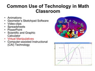 Common Use of Technology in Math Classroom Animations Geometer’s Sketchpad Software Video-clips Spreadsheets  PowerPoint Scientific and Graphic Calculator Virtual Manipulatives Computer-assisted Instructional (CAI) Technology 