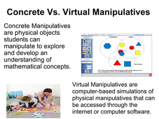 Concrete Vs. Virtual Manipulatives Concrete Manipulatives are physical objects students can manipulate to explore and develop an understanding of mathematical concepts. Virtual Manipulatives are computer-based simulations of physical manipulatives that can be accessed through the internet or computer software.  