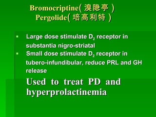 Bromocriptine ( 溴隐亭 )   Pergolide ( 培高利特 ) Large dose stimulate D 2  receptor in  substantia nigro-striatal Small dose stimulate D 2  receptor in tubero-infundibular, reduce PRL and GH release Used  to  treat  PD  and hyperprolactinemia 
