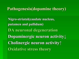 Pathogenesis(dopamine theory) Nigro-striatal(caudate nucleus,  putamen and pallidum) DA neuronal degeneration Dopaminergic neuron activity↓ Cholinergic neuron activity↑ Oxidative stress theory 