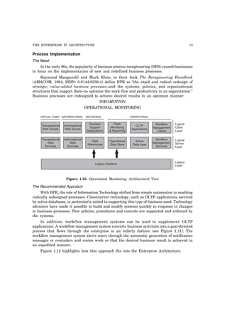 THE ENTERPRISE IT ARCHITECTURE 15
Process Implementation
The Need
In the early 90s, the popularity of business process reengineering (BPR) caused businesses
to focus on the implementation of new and redefined business processes.
Raymond Manganelli and Mark Klein, in their book The Reengineering Handbook
(AMACOM, 1994, ISBN: 0-8144-0236-4) define BPR as “the rapid and radical redesign of
strategic, value-added business processes–and the systems, policies, and organizational
structures that support them–to optimize the work flow and productivity in an organization.”
Business processes are redesigned to achieve desired results in an optimum manner.
INFOMOTION
OPERATIONAL MONITORING
Transactional
Web Scripts
Informational
Web Scripts
Decision
Support
Applications
Flash
Monitoring
& Reporting
OLTP
Applications
Workflow
Management
Clients
Transactional
Web
Services
Informational
Web
Services
Data
Warehouse
Operational
Data Store
Active
Data base
Workflow
Management
Services
Legacy Systems
VIRTUAL CORP. INFORMATIONAL DECISIONAL OPERATIONAL
Logical
Client
Layer
Logical
Server
Layer
Legacy
Layer
Figure 1.10. Operational Monitoring: Architectural View
The Recommended Approach
With BPR, the role of Information Technology shifted from simple automation to enabling
radically redesigned processes. Client/server technology, such as OLTP applications serviced
by active databases, is particularly suited to supporting this type of business need. Technology
advances have made it possible to build and modify systems quickly in response to changes
in business processes. New policies, procedures and controls are supported and enforced by
the systems.
In addition, workflow management systems can be used to supplement OLTP
applications. A workflow management system converts business activities into a goal-directed
process that flows through the enterprise in an orderly fashion (see Figure 1.11). The
workflow management system alerts users through the automatic generation of notification
messages or reminders and routes work so that the desired business result is achieved in
an expedited manner.
Figure 1.12 highlights how this approach fits into the Enterprise Architecture.
 