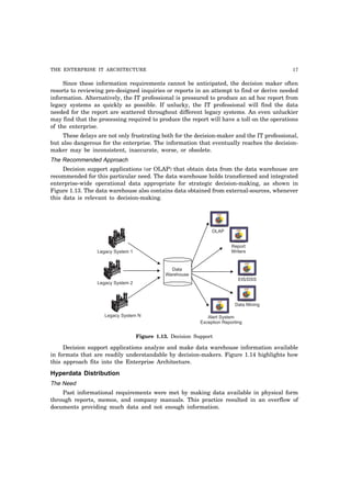 THE ENTERPRISE IT ARCHITECTURE 17
Since these information requirements cannot be anticipated, the decision maker often
resorts to reviewing pre-designed inquiries or reports in an attempt to find or derive needed
information. Alternatively, the IT professional is pressured to produce an ad hoc report from
legacy systems as quickly as possible. If unlucky, the IT professional will find the data
needed for the report are scattered throughout different legacy systems. An even unluckier
may find that the processing required to produce the report will have a toll on the operations
of the enterprise.
These delays are not only frustrating both for the decision-maker and the IT professional,
but also dangerous for the enterprise. The information that eventually reaches the decision-
maker may be inconsistent, inaccurate, worse, or obsolete.
The Recommended Approach
Decision support applications (or OLAP) that obtain data from the data warehouse are
recommended for this particular need. The data warehouse holds transformed and integrated
enterprise-wide operational data appropriate for strategic decision-making, as shown in
Figure 1.13. The data warehouse also contains data obtained from external-sources, whenever
this data is relevant to decision-making.
Alert System
Exception Reporting
Data Mining
EIS/DSS
Report
Writers
OLAP
Data
Warehouse
Legacy System 1
Legacy System 2
Legacy System N
Figure 1.13. Decision Support
Decision support applications analyze and make data warehouse information available
in formats that are readily understandable by decision-makers. Figure 1.14 highlights how
this approach fits into the Enterprise Architecture.
Hyperdata Distribution
The Need
Past informational requirements were met by making data available in physical form
through reports, memos, and company manuals. This practice resulted in an overflow of
documents providing much data and not enough information.
 