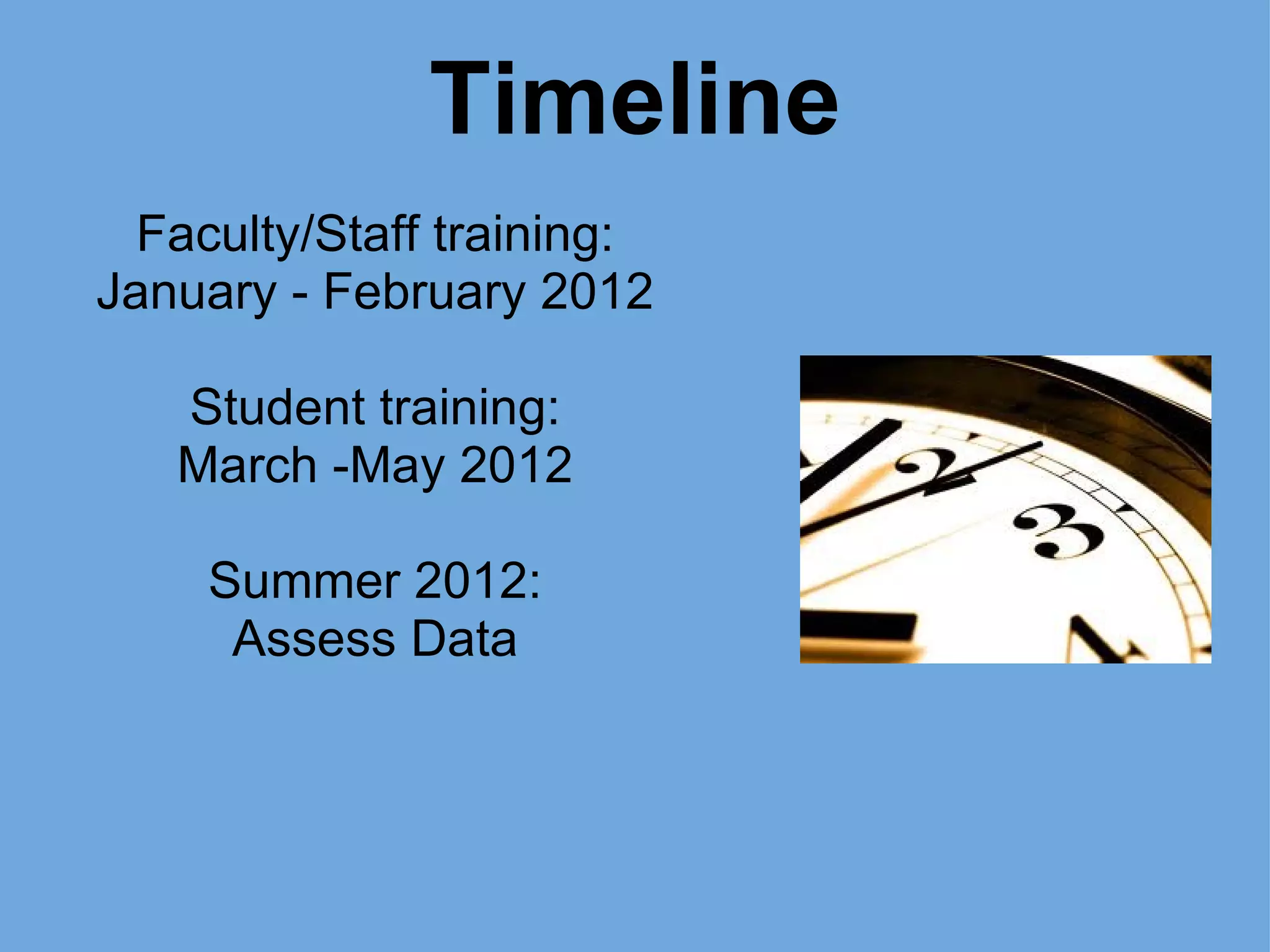 Timeline Faculty/Staff training: January - February 2012 Student training: March -May 2012 Summer 2012: Assess Data 