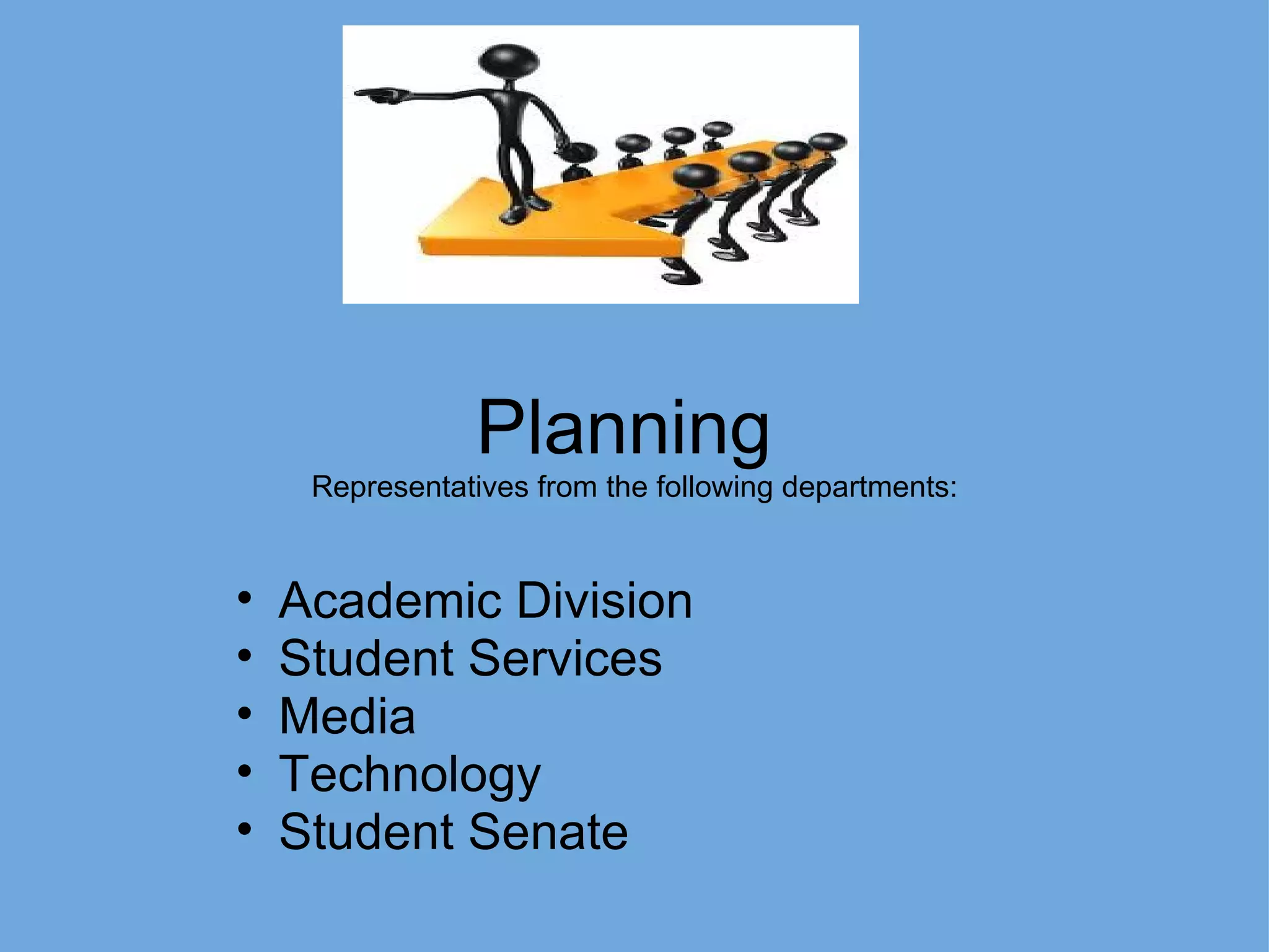 Planning  Representatives from the following departments: Academic Division Student Services Media Technology Student Senate 