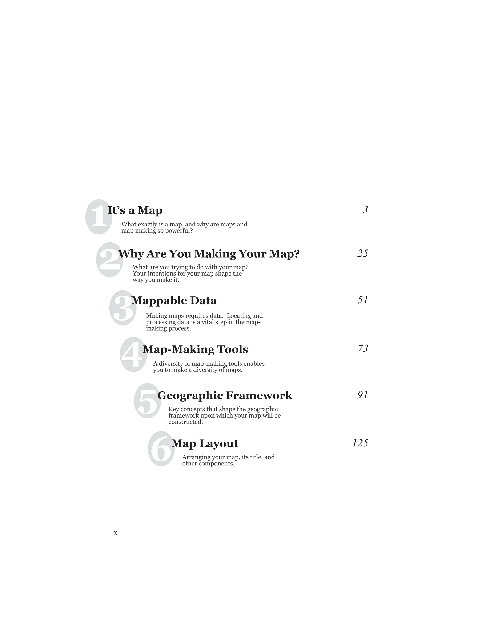 x
Key concepts that shape the geographic
framework upon which your map will be
constructed.
Arranging your map, its title, and
other components.
4Map-Making Tools
A diversity of map-making tools enables
you to make a diversity of maps.
3Mappable Data
Making maps requires data. Locating and
processing data is a vital step in the map-
making process.
What exactly is a map, and why are maps and
map making so powerful?
What are you trying to do with your map?
Your intentions for your map shape the
way you make it.
3
25
51
73
91
125
1
5
6
2
Geographic Framework
Map Layout
It’s a Map
Why Are You Making Your Map?
 