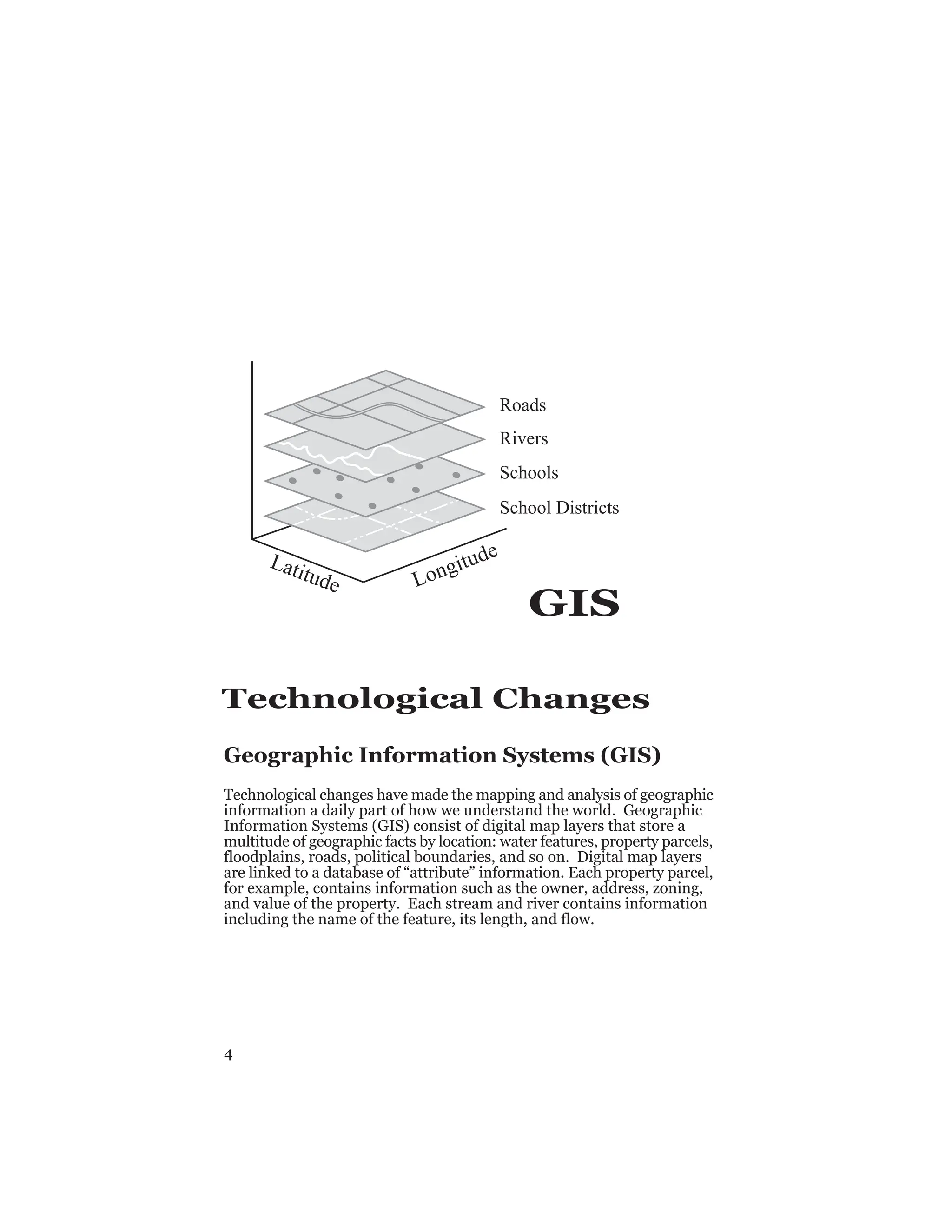 4
GIS
Technological Changes
Geographic Information Systems (GIS)
Technological changes have made the mapping and analysis of geographic
information a daily part of how we understand the world. Geographic
Information Systems (GIS) consist of digital map layers that store a
multitude of geographic facts by location: water features, property parcels,
floodplains, roads, political boundaries, and so on. Digital map layers
are linked to a database of “attribute” information. Each property parcel,
for example, contains information such as the owner, address, zoning,
and value of the property. Each stream and river contains information
including the name of the feature, its length, and flow.
Latitude Longitude
Roads
Rivers
Schools
School Districts
 