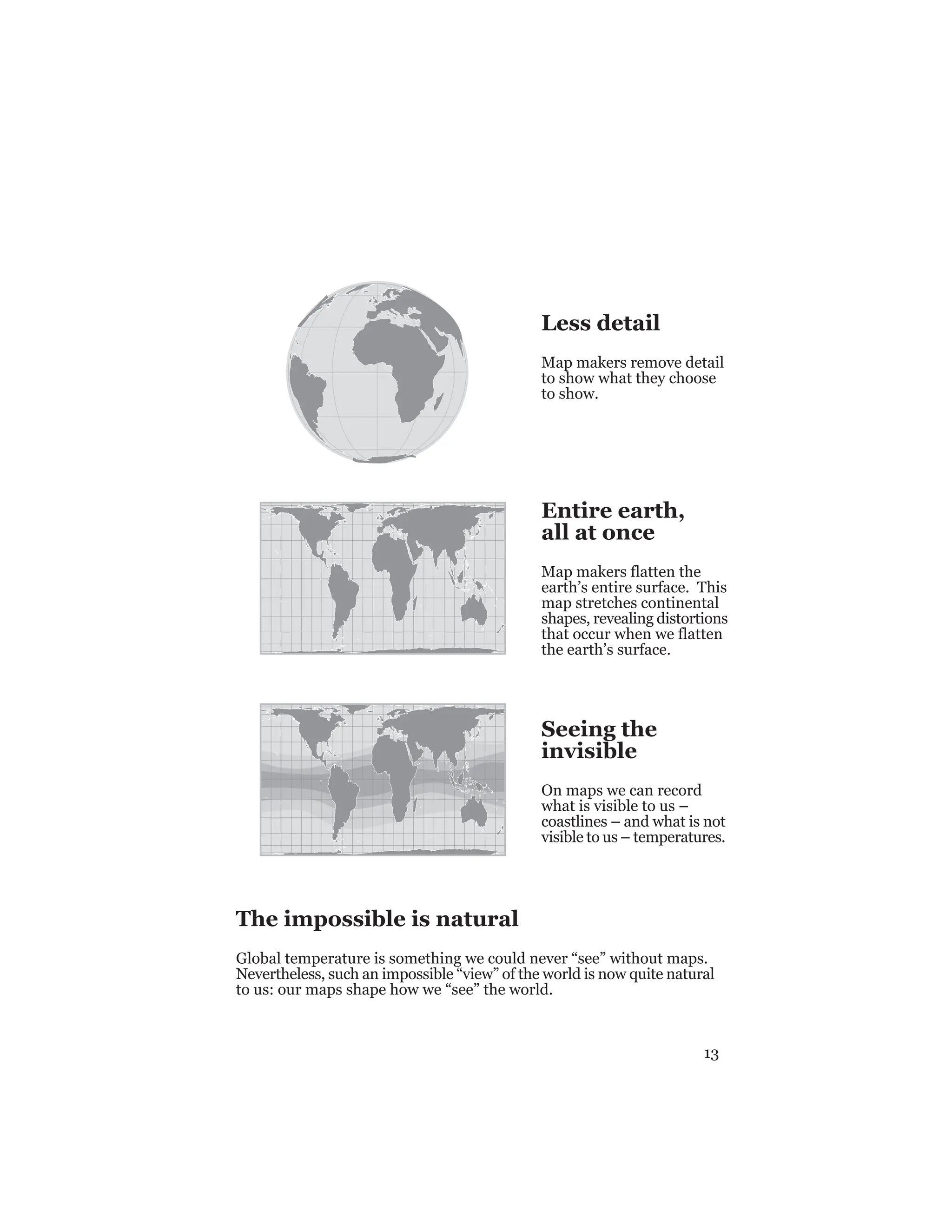 13
The impossible is natural
Global temperature is something we could never “see” without maps.
Nevertheless, such an impossible “view” of the world is now quite natural
to us: our maps shape how we “see” the world.
Less detail
Map makers remove detail
to show what they choose
to show.
Entire earth,
all at once
Map makers flatten the
earth’s entire surface. This
map stretches continental
shapes, revealing distortions
that occur when we flatten
the earth’s surface.
Seeing the
invisible
On maps we can record
what is visible to us –
coastlines – and what is not
visible to us – temperatures.
 