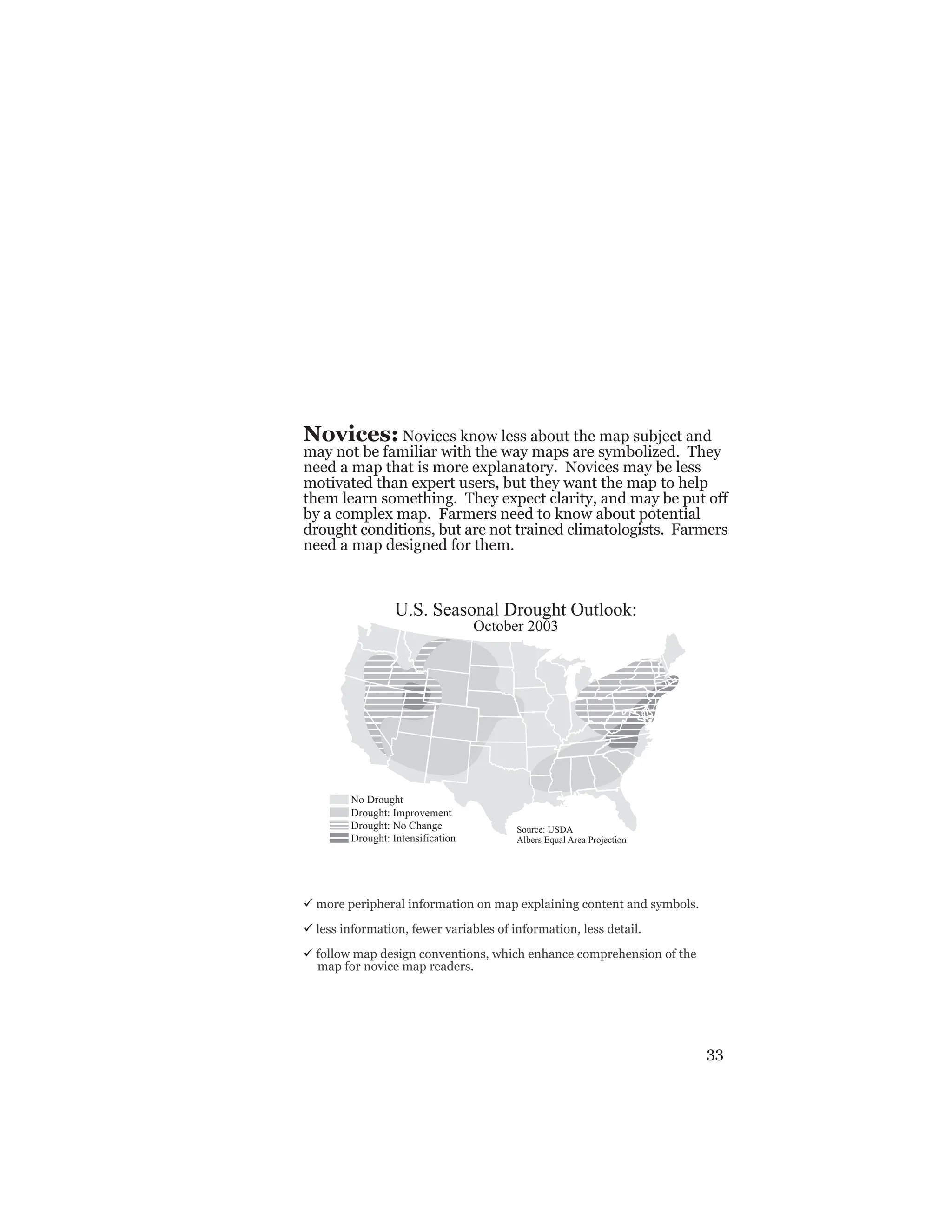 33
Novices: Novices know less about the map subject and
may not be familiar with the way maps are symbolized. They
need a map that is more explanatory. Novices may be less
motivated than expert users, but they want the map to help
them learn something. They expect clarity, and may be put off
by a complex map. Farmers need to know about potential
drought conditions, but are not trained climatologists. Farmers
need a map designed for them.
ü more peripheral information on map explaining content and symbols.
ü less information, fewer variables of information, less detail.
ü follow map design conventions, which enhance comprehension of the
map for novice map readers.
No Drought
Drought: Intensification
Drought: Improvement
Drought: No Change
U.S. Seasonal Drought Outlook:
October 2003
Source: USDA
Albers Equal Area Projection
 