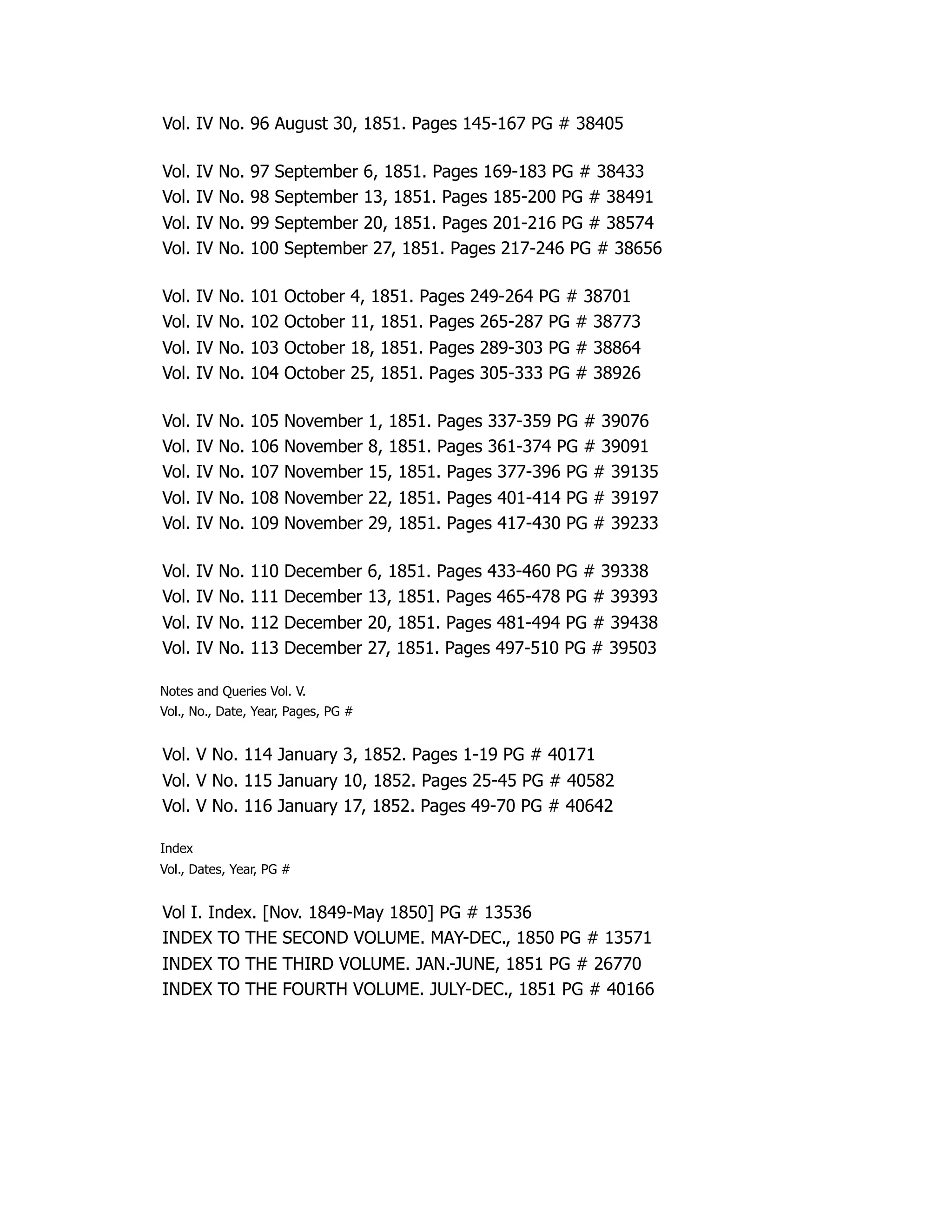 Vol. IV No. 96 August 30, 1851. Pages 145-167 PG # 38405
Vol. IV No. 97 September 6, 1851. Pages 169-183 PG # 38433
Vol. IV No. 98 September 13, 1851. Pages 185-200 PG # 38491
Vol. IV No. 99 September 20, 1851. Pages 201-216 PG # 38574
Vol. IV No. 100 September 27, 1851. Pages 217-246 PG # 38656
Vol. IV No. 101 October 4, 1851. Pages 249-264 PG # 38701
Vol. IV No. 102 October 11, 1851. Pages 265-287 PG # 38773
Vol. IV No. 103 October 18, 1851. Pages 289-303 PG # 38864
Vol. IV No. 104 October 25, 1851. Pages 305-333 PG # 38926
Vol. IV No. 105 November 1, 1851. Pages 337-359 PG # 39076
Vol. IV No. 106 November 8, 1851. Pages 361-374 PG # 39091
Vol. IV No. 107 November 15, 1851. Pages 377-396 PG # 39135
Vol. IV No. 108 November 22, 1851. Pages 401-414 PG # 39197
Vol. IV No. 109 November 29, 1851. Pages 417-430 PG # 39233
Vol. IV No. 110 December 6, 1851. Pages 433-460 PG # 39338
Vol. IV No. 111 December 13, 1851. Pages 465-478 PG # 39393
Vol. IV No. 112 December 20, 1851. Pages 481-494 PG # 39438
Vol. IV No. 113 December 27, 1851. Pages 497-510 PG # 39503
Notes and Queries Vol. V.
Vol., No., Date, Year, Pages, PG #
Vol. V No. 114 January 3, 1852. Pages 1-19 PG # 40171
Vol. V No. 115 January 10, 1852. Pages 25-45 PG # 40582
Vol. V No. 116 January 17, 1852. Pages 49-70 PG # 40642
Index
Vol., Dates, Year, PG #
Vol I. Index. [Nov. 1849-May 1850] PG # 13536
INDEX TO THE SECOND VOLUME. MAY-DEC., 1850 PG # 13571
INDEX TO THE THIRD VOLUME. JAN.-JUNE, 1851 PG # 26770
INDEX TO THE FOURTH VOLUME. JULY-DEC., 1851 PG # 40166
 