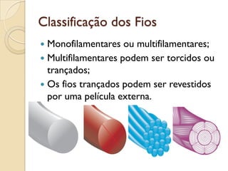 Classificação dos Fios
 Monofilamentares ou multifilamentares;
 Multifilamentares podem ser torcidos ou
trançados;
 Os fios trançados podem ser revestidos
por uma película externa.
 