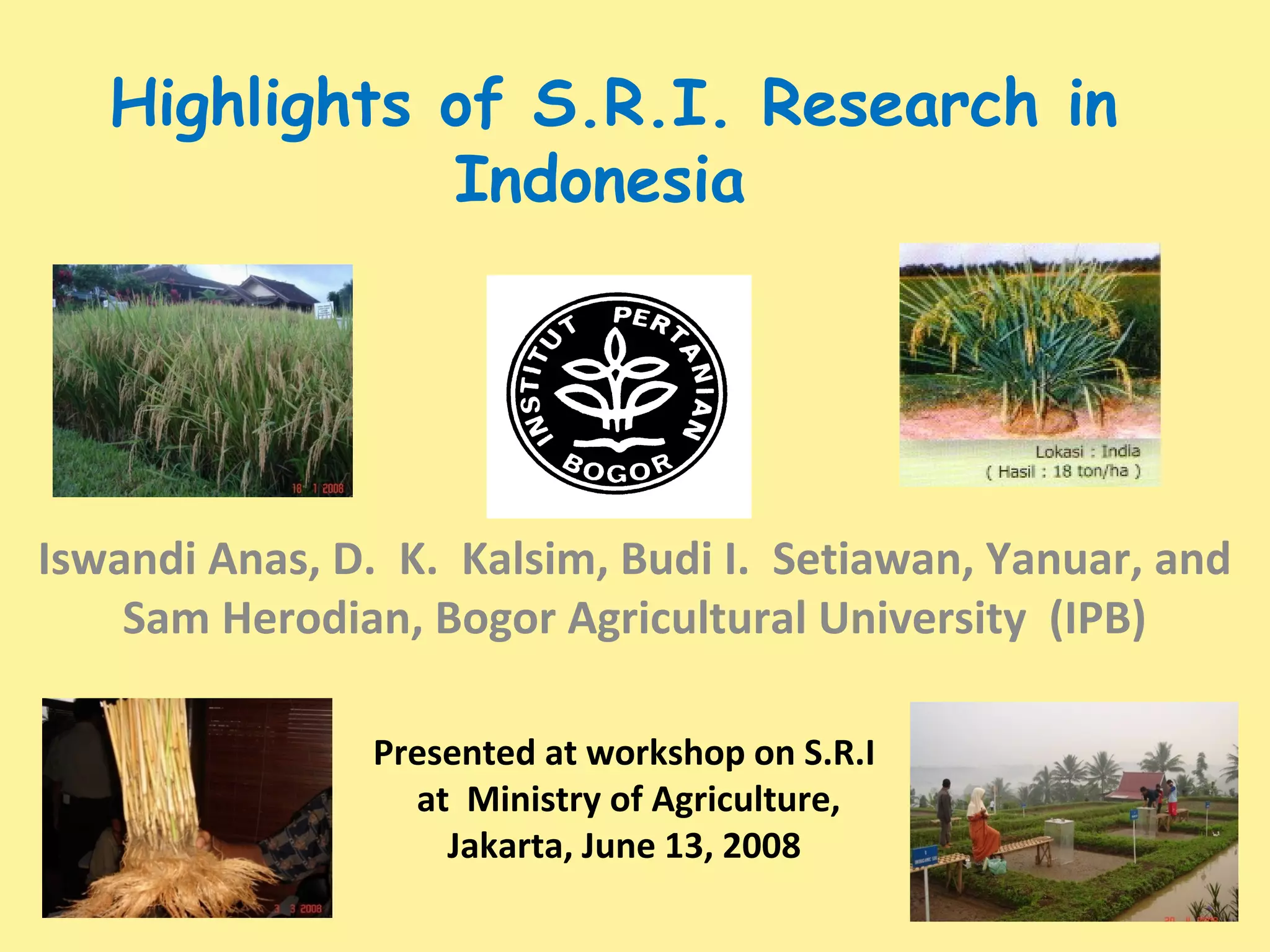 Highlights of S.R.I. Research in
Indonesia
Iswandi Anas, D. K. Kalsim, Budi I. Setiawan, Yanuar, and
Sam Herodian, Bogor Agricultural University (IPB)
Presented at workshop on S.R.I
at Ministry of Agriculture,
Jakarta, June 13, 2008
 