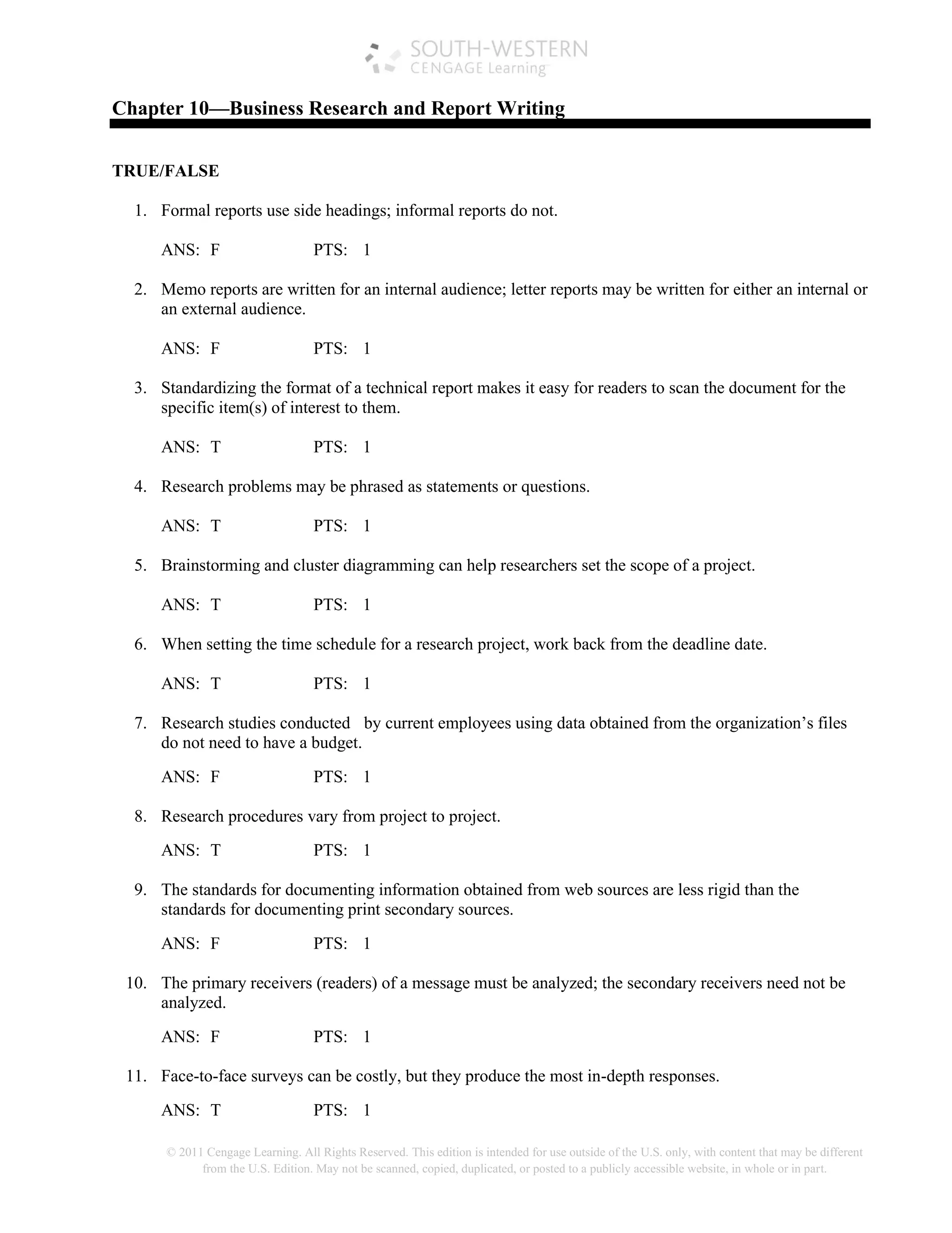 © 2011 Cengage Learning. All Rights Reserved. This edition is intended for use outside of the U.S. only, with content that may be different
from the U.S. Edition. May not be scanned, copied, duplicated, or posted to a publicly accessible website, in whole or in part.
Chapter 10—Business Research and Report Writing
TRUE/FALSE
1. Formal reports use side headings; informal reports do not.
ANS: F PTS: 1
2. Memo reports are written for an internal audience; letter reports may be written for either an internal or
an external audience.
ANS: F PTS: 1
3. Standardizing the format of a technical report makes it easy for readers to scan the document for the
specific item(s) of interest to them.
ANS: T PTS: 1
4. Research problems may be phrased as statements or questions.
ANS: T PTS: 1
5. Brainstorming and cluster diagramming can help researchers set the scope of a project.
ANS: T PTS: 1
6. When setting the time schedule for a research project, work back from the deadline date.
ANS: T PTS: 1
7. Research studies conducted by current employees using data obtained from the organization’s files
do not need to have a budget.
ANS: F PTS: 1
8. Research procedures vary from project to project.
ANS: T PTS: 1
9. The standards for documenting information obtained from web sources are less rigid than the
standards for documenting print secondary sources.
ANS: F PTS: 1
10. The primary receivers (readers) of a message must be analyzed; the secondary receivers need not be
analyzed.
ANS: F PTS: 1
11. Face-to-face surveys can be costly, but they produce the most in-depth responses.
ANS: T PTS: 1
 